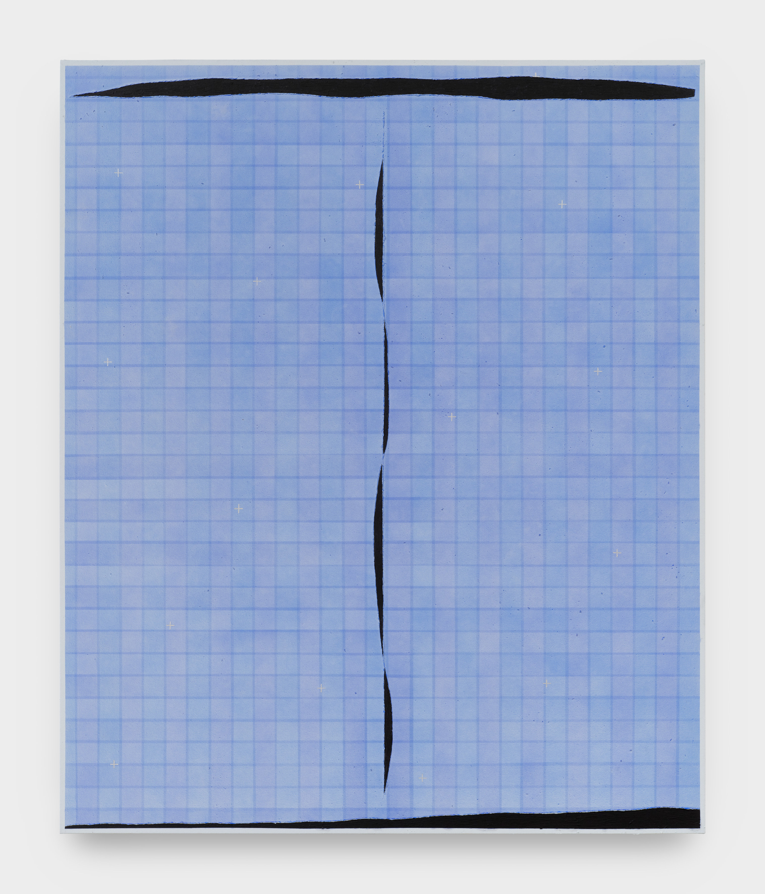 A canvas painting of plaid in shades of blue with two black horizontal slashes at the top and bottom and one thing black vertical slash at the center.