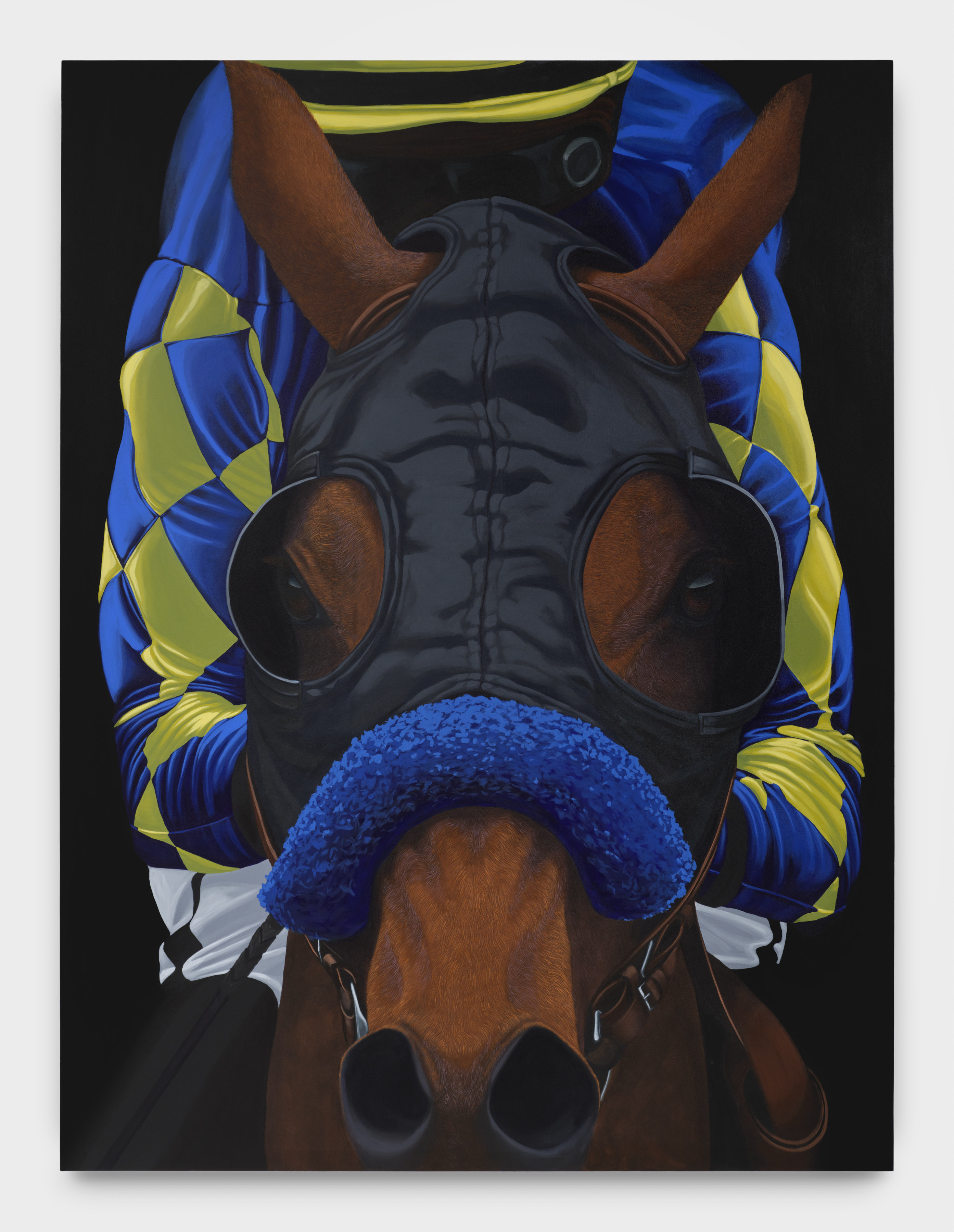 A painting depicting a brown horse in a black jumping mask with blue trim facing viewer with a jockey in blue and yellow argyle silks crouched in racing position. 
