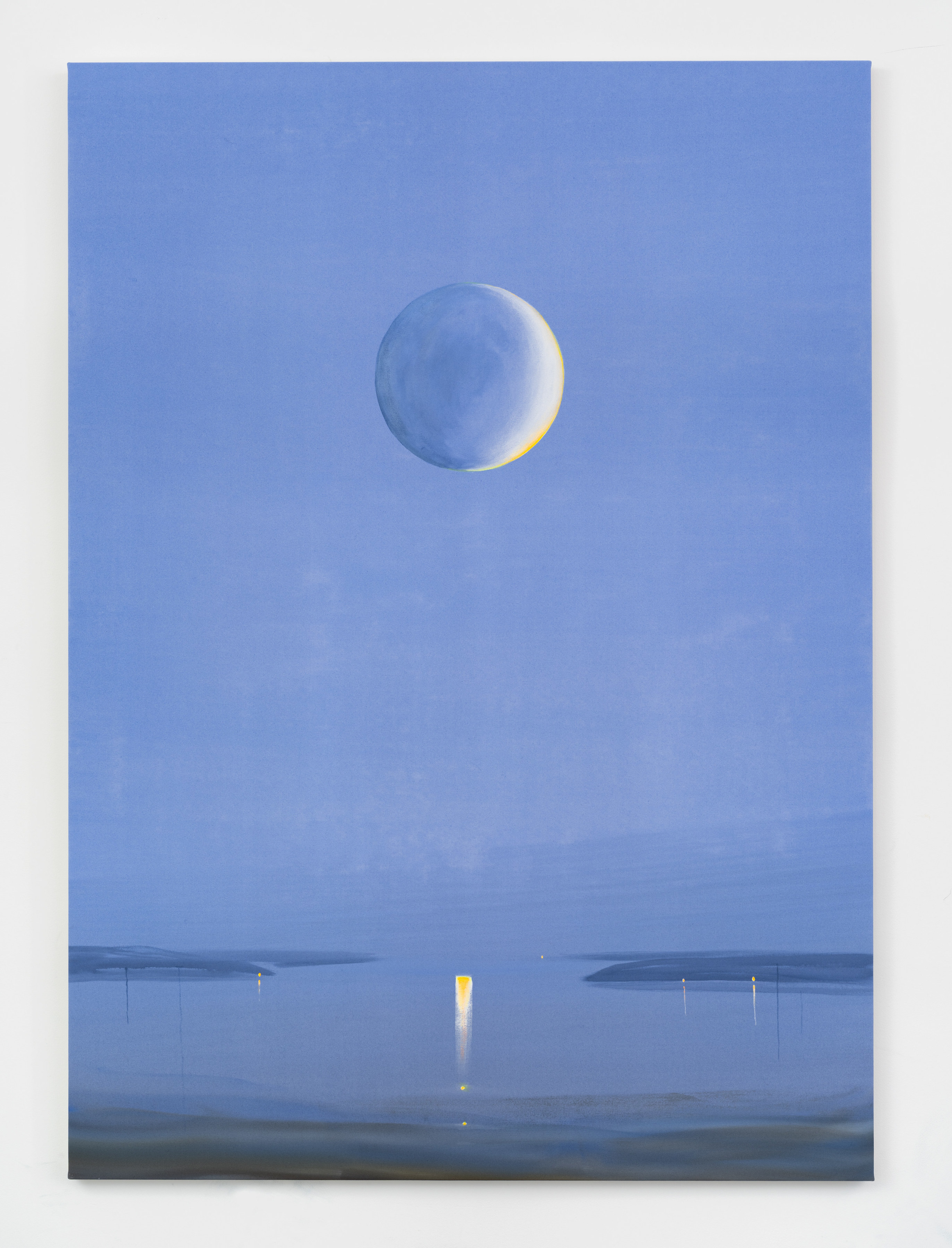 A pale blue painting by Wanda Koop of a moon over a reflective body of water.