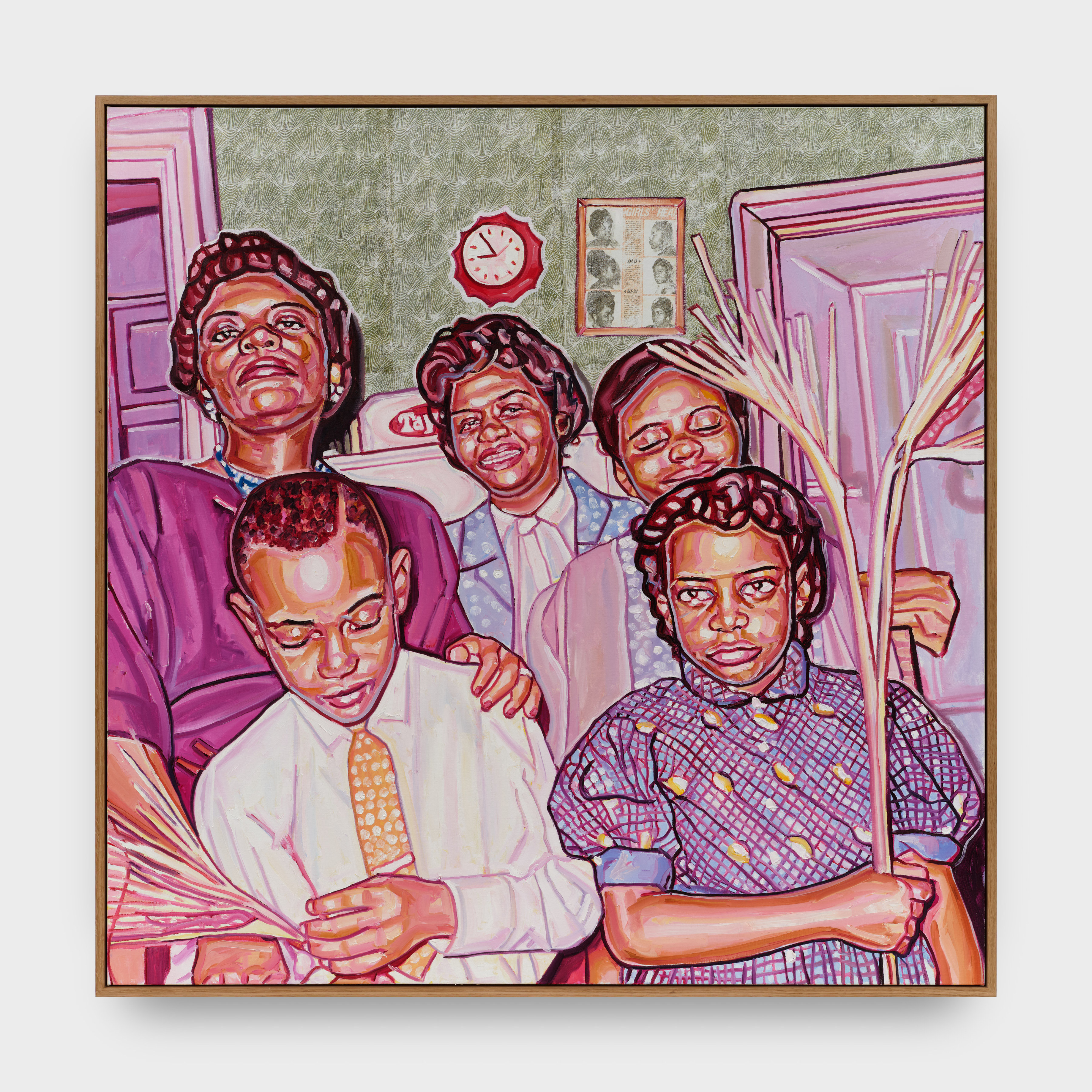 A painting of three younger children and two older ladies in a living room.