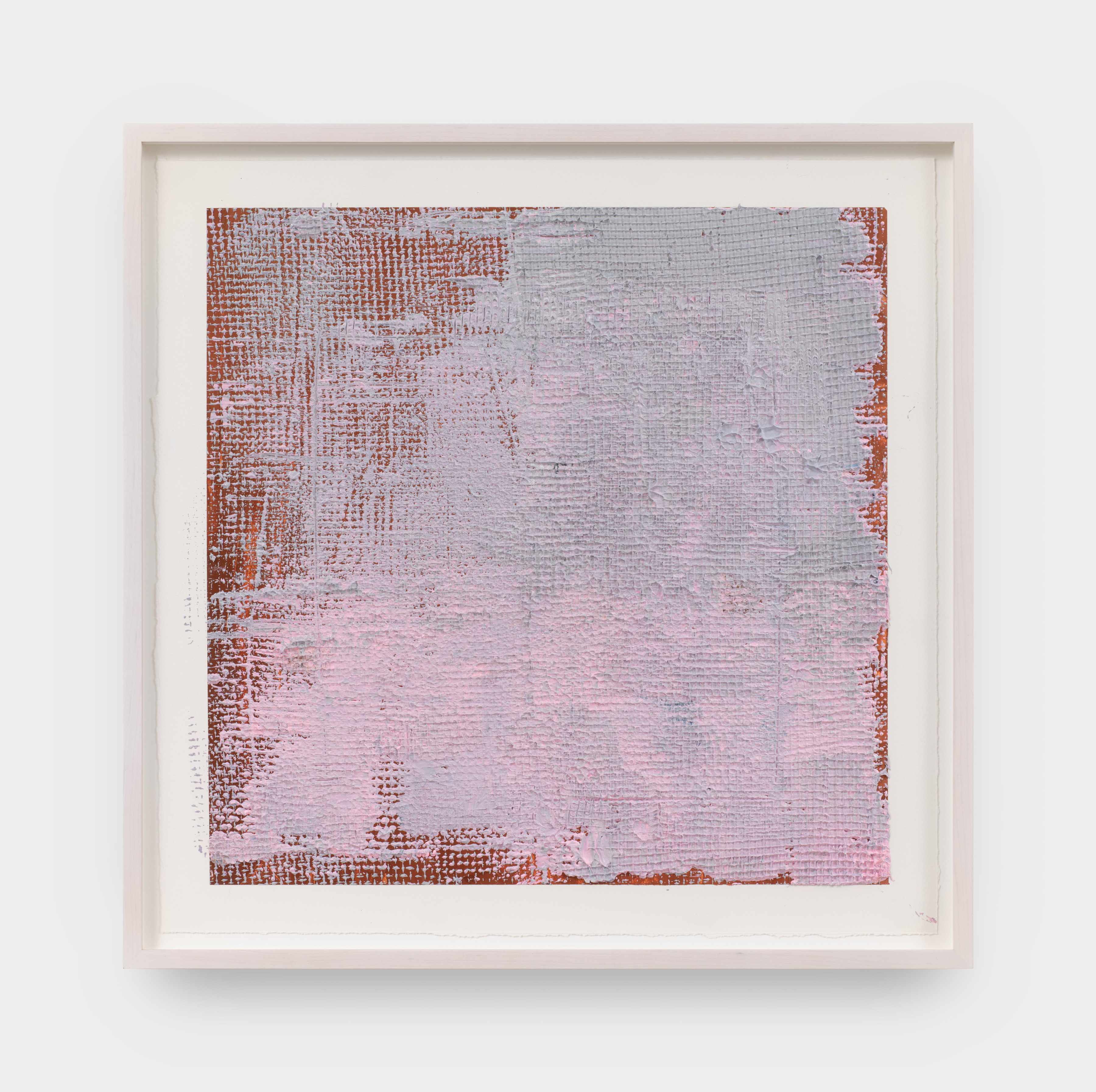 A painting on paper with a red base and a wash in shades of gray and pink painted over.