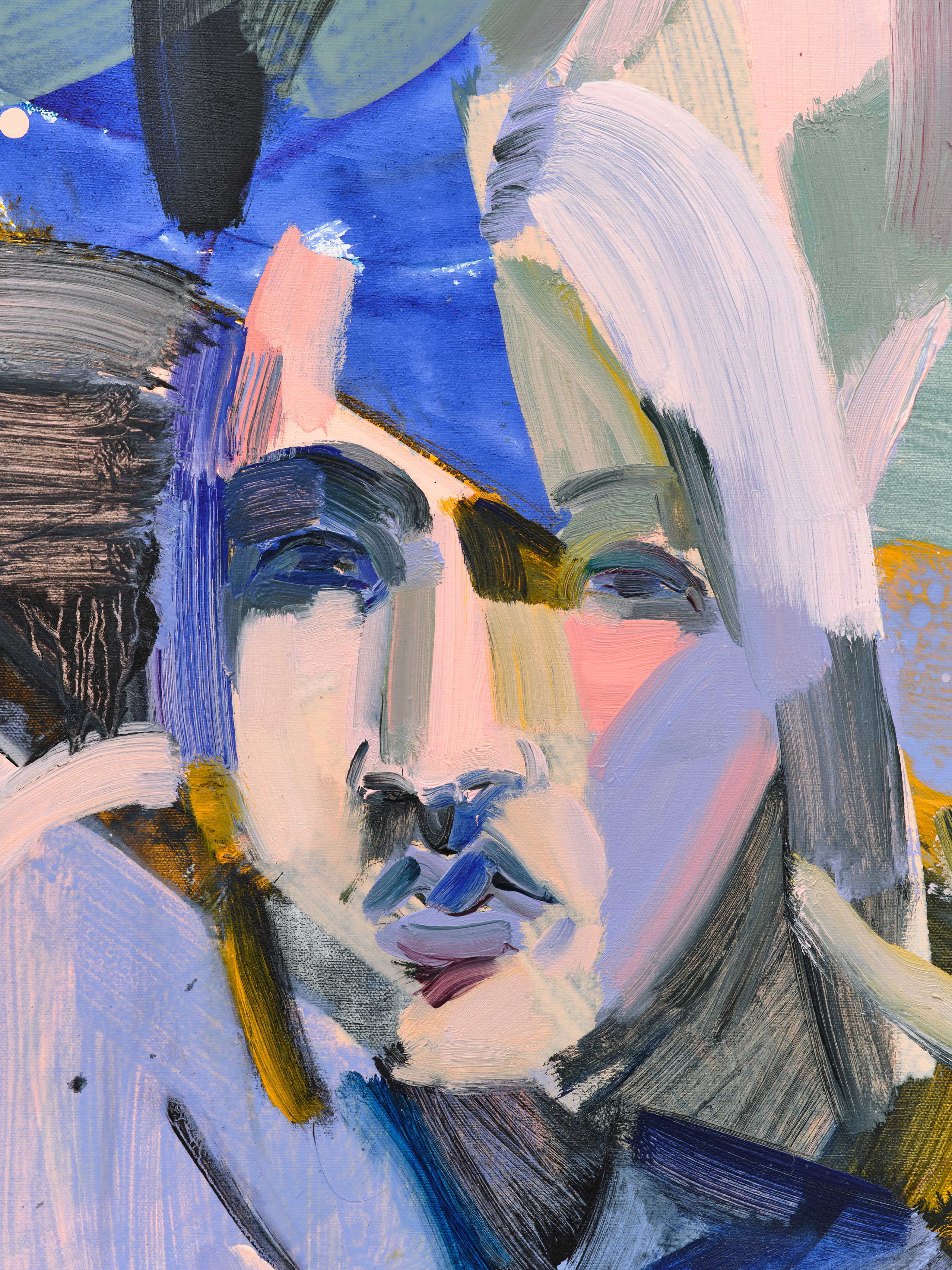 Detail of Sarah Awad's Illusion Dweller depicting a woman's face rendered in lavender, blush, blue and green.