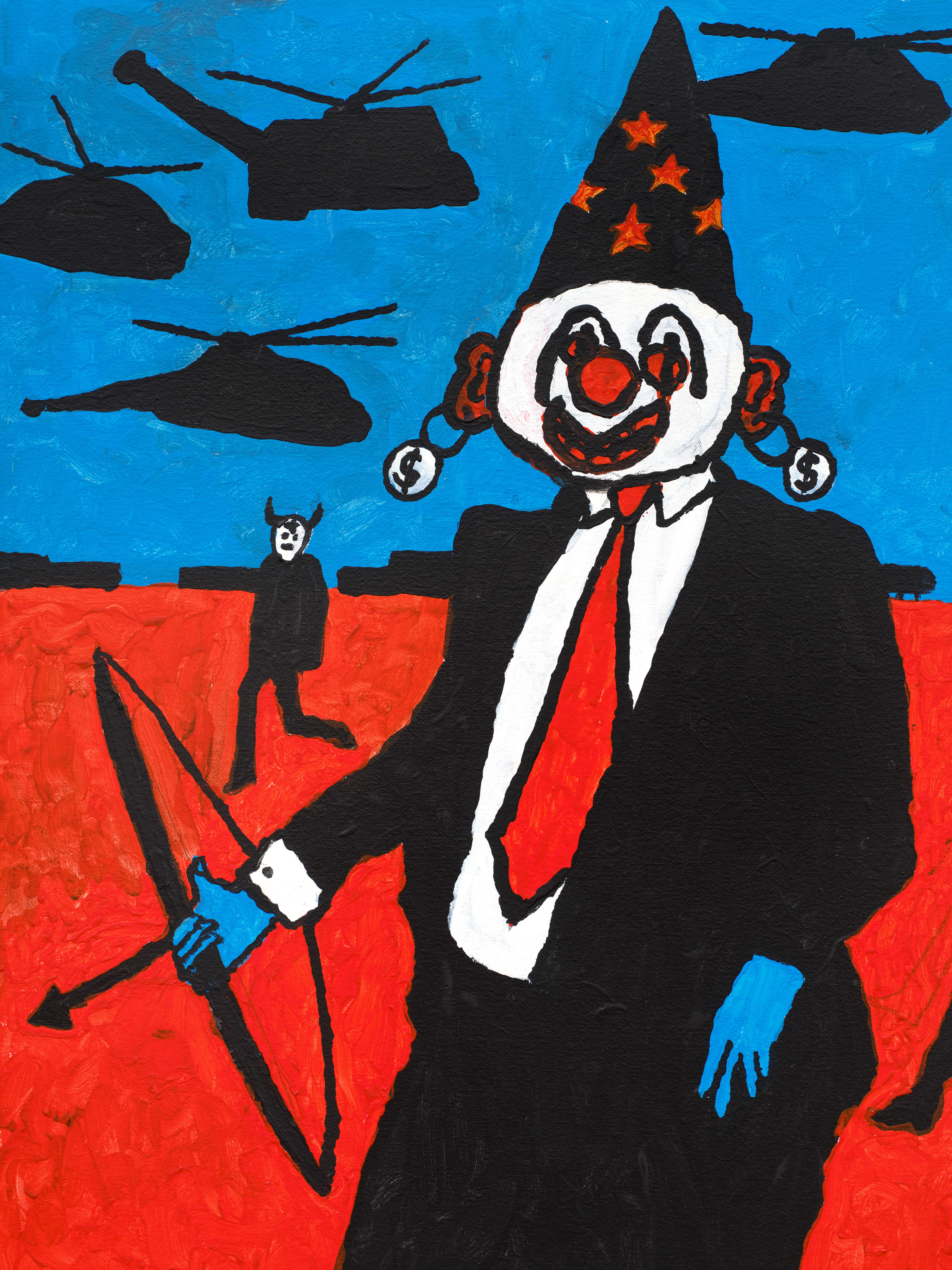 Detail of Derek Boshier's "Strange Lands: Donald Trump and Friends on Their Way to a National Security Meeting"
