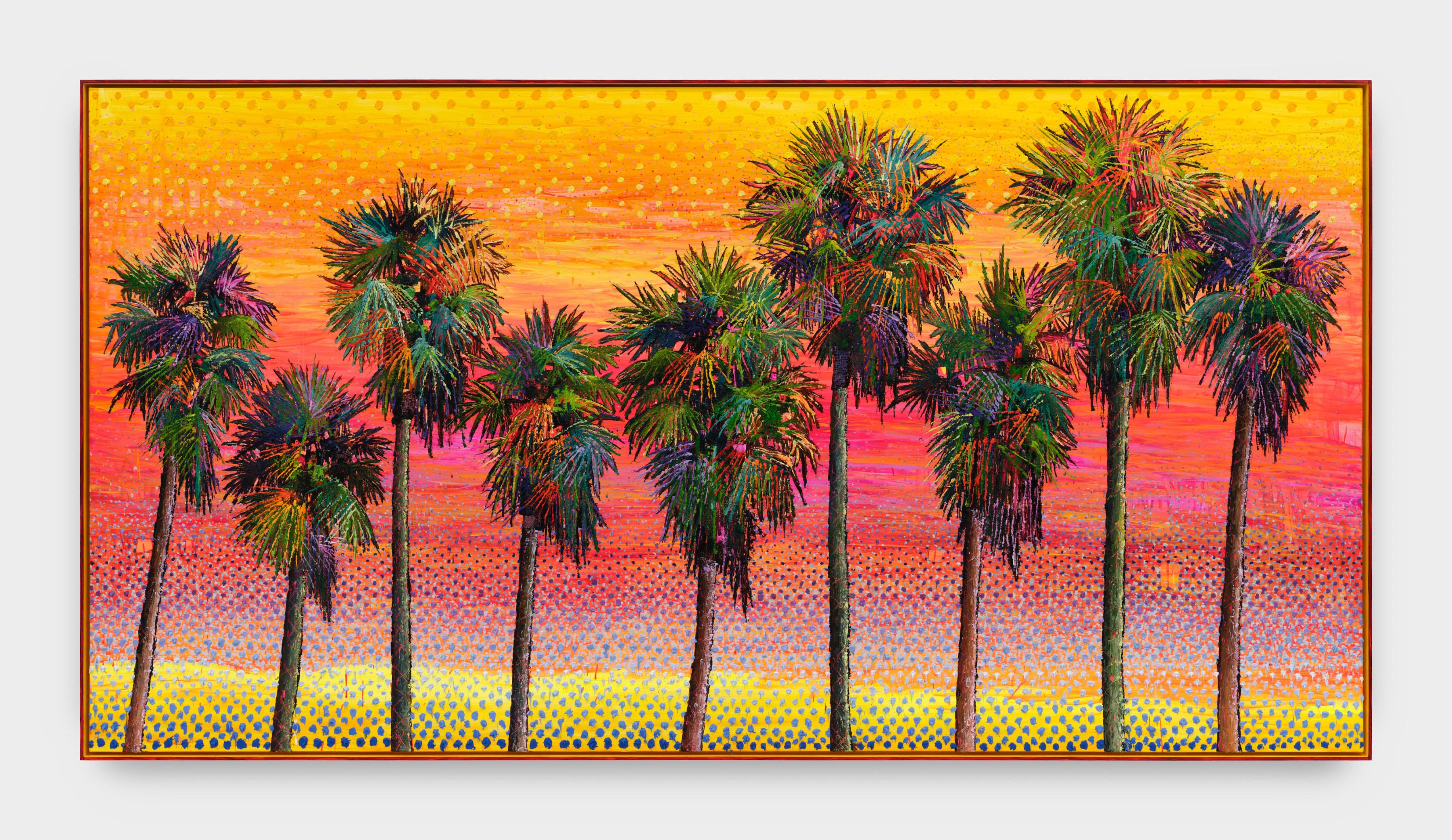 This artwork uses shades of yellow, orange, red, coral ,and faded mauve to created a sunset background while vibrant green palm trees sit as the focal point of this acrylic on canvas pieces. Spots of sunset light can be seen through some of the leaves on the trees. 