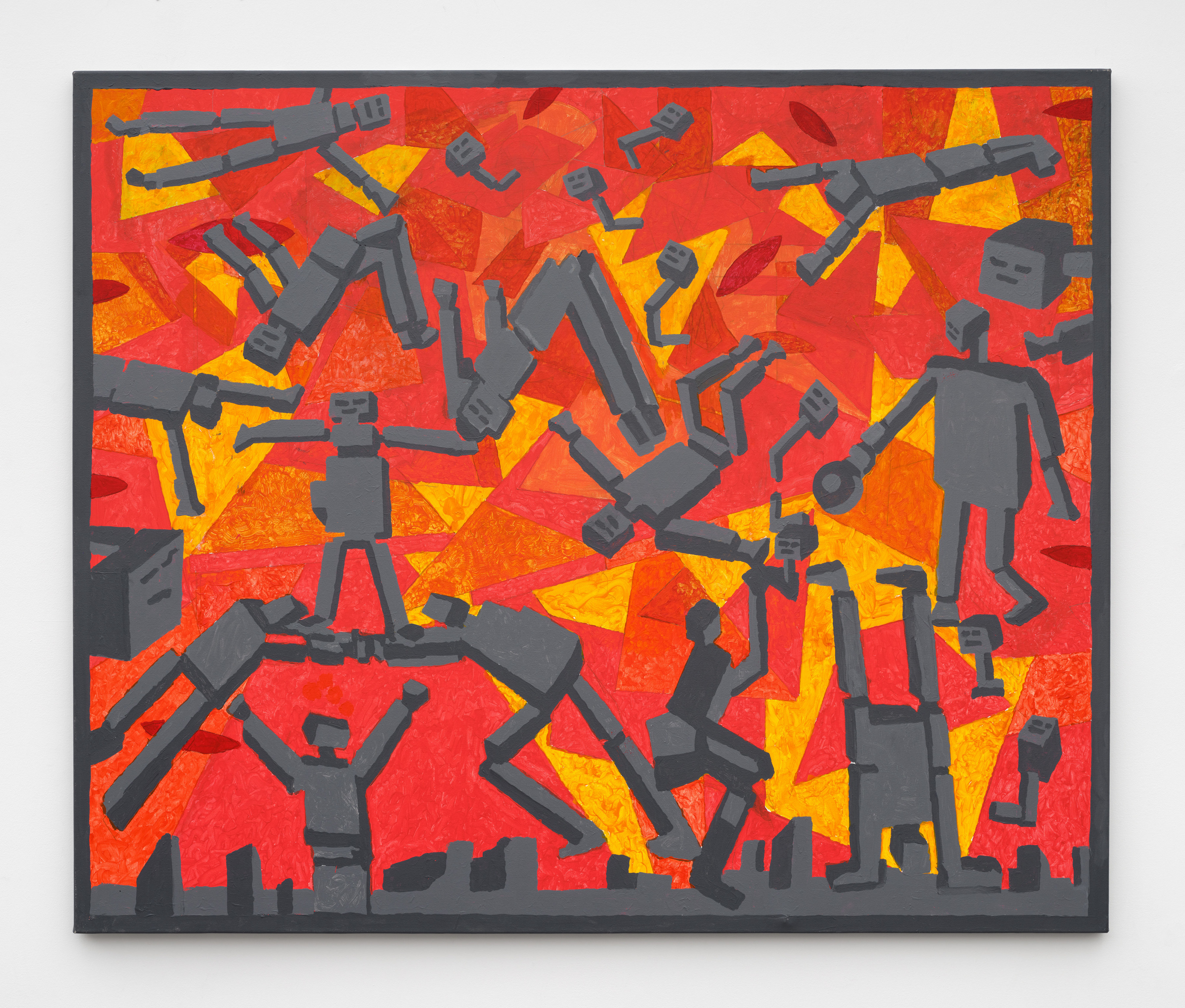 A painting with grey robots holding each other up and falling against a red, yellow and orange background.