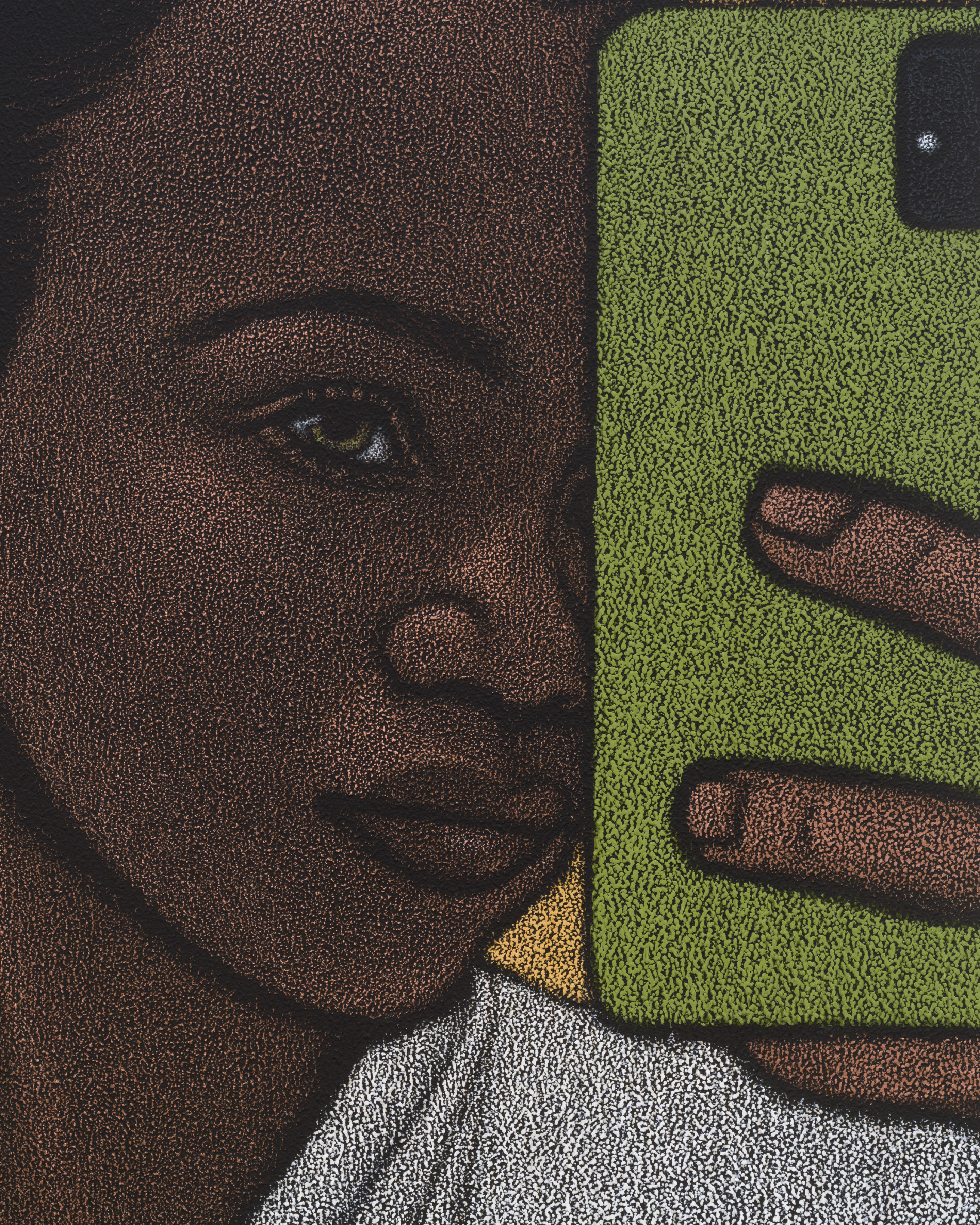 An oil pastel painting of a woman taking a selfie in the mirror with a smartphone.