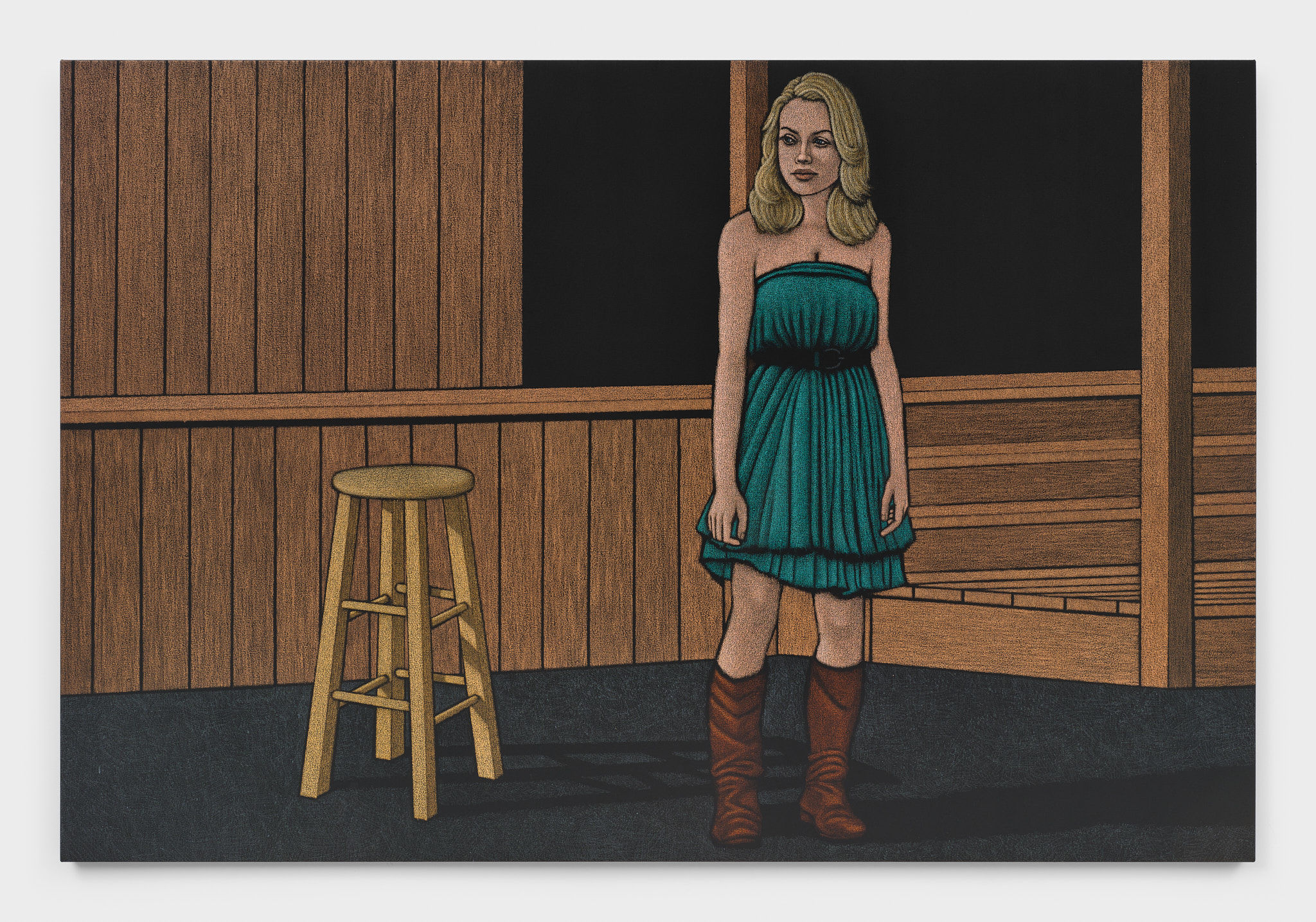 An oil pastel painting of a blonde woman in a teal dress and long brown boots gazing to the right of the canvas in a wooden room with a wooden stool. 