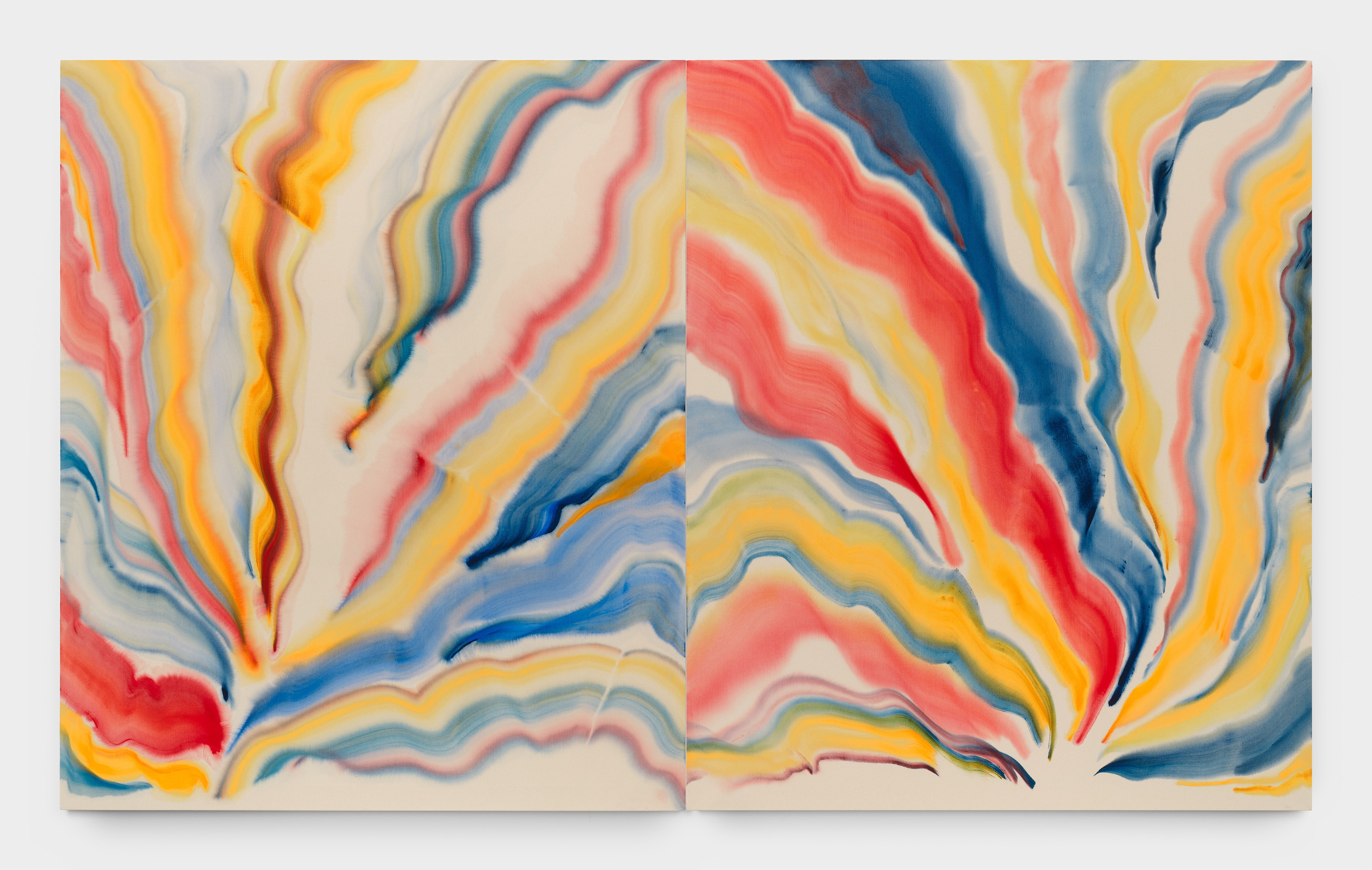 A two panel painting of deep blues, reds, pinks and yellows streaking upwards towards the upper corners. 