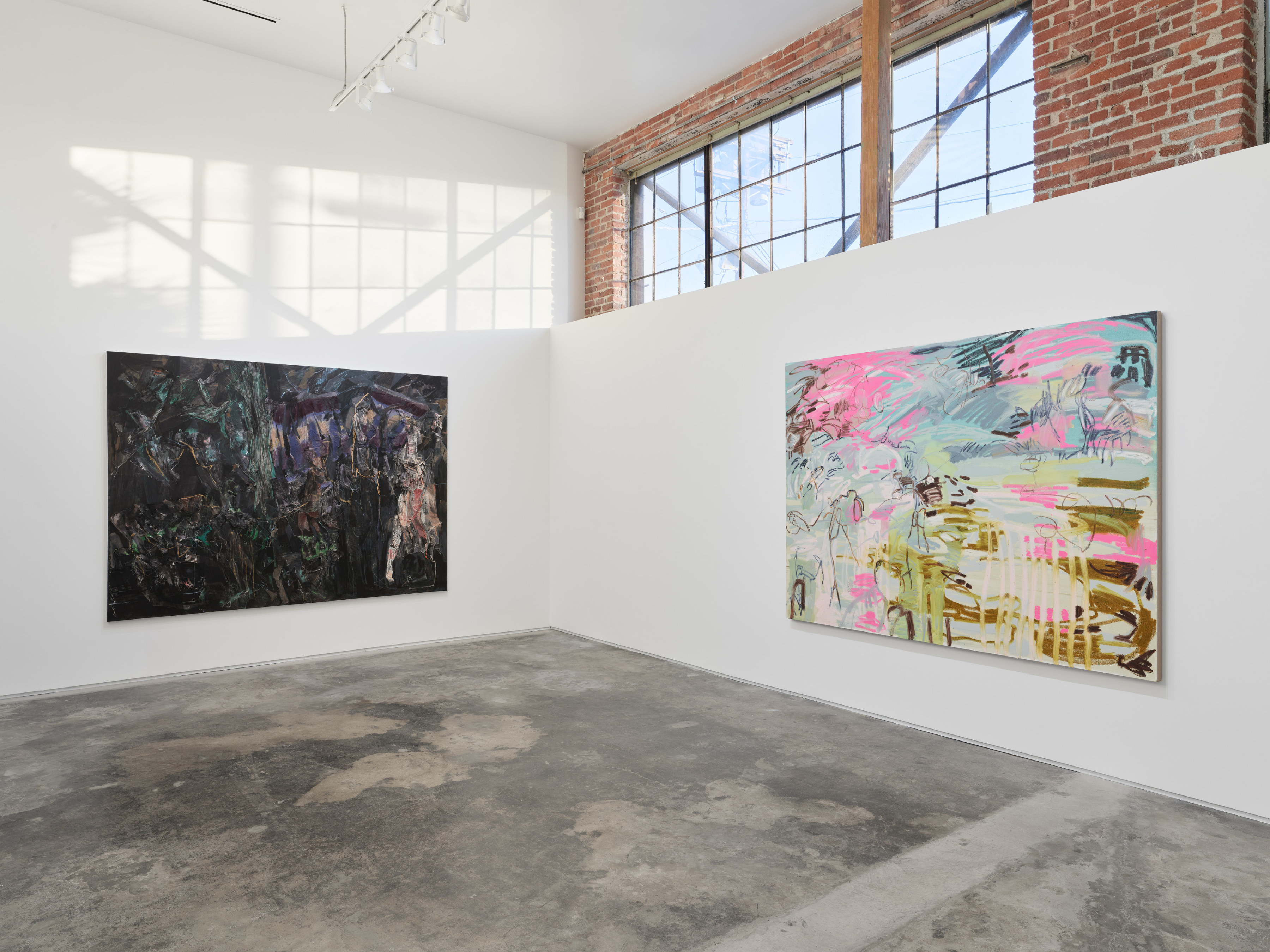 Installation view of the exhibition "The Big Picture" at Night Gallery, including a large scale painting by Iva Gueorguieva and Janaina Tschäpe