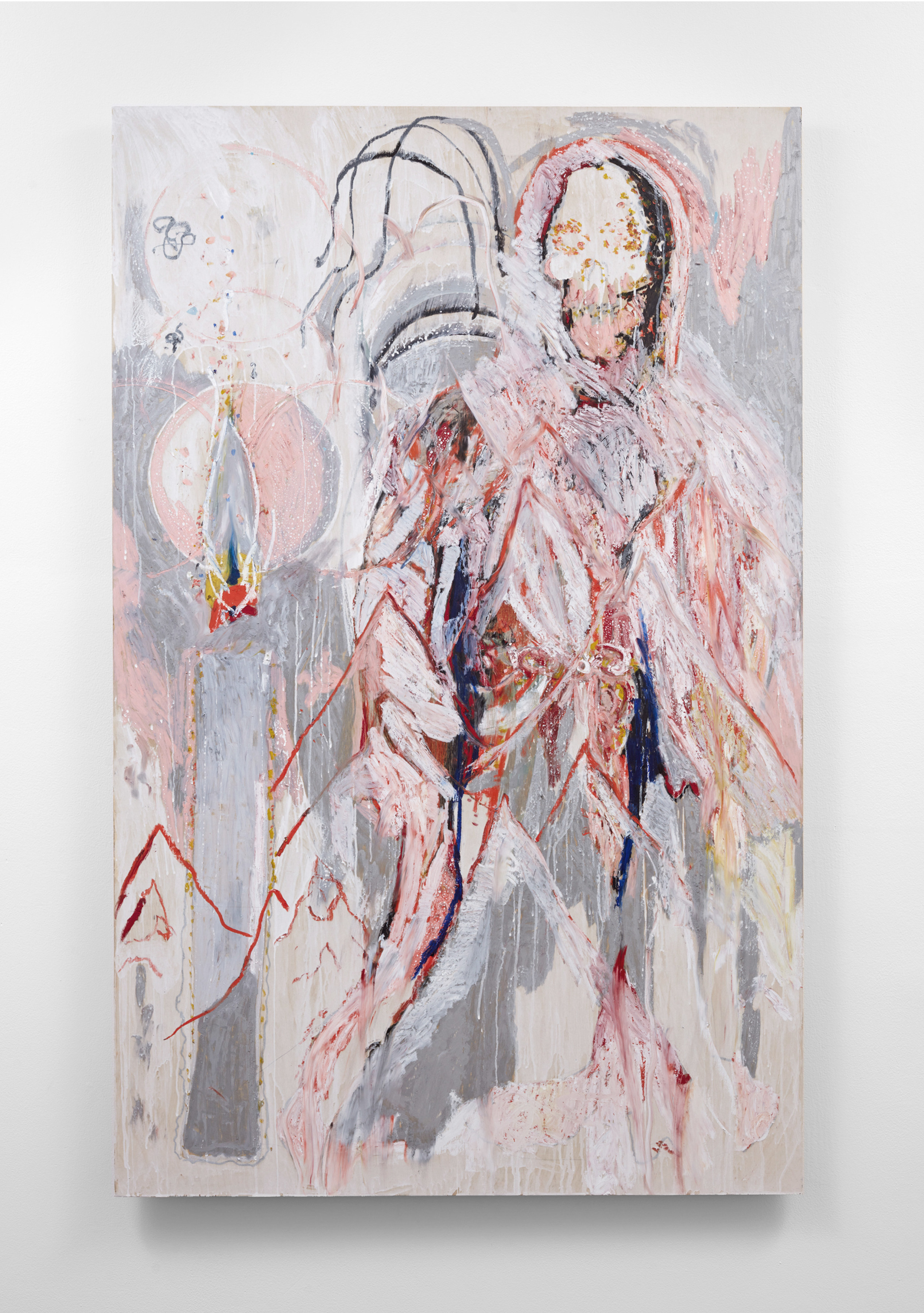 An oil stick on wood panel painting of a loosely rendered reaper rendered in pink, grey and red enmeshed in a mountainous landscape and a large candle. 