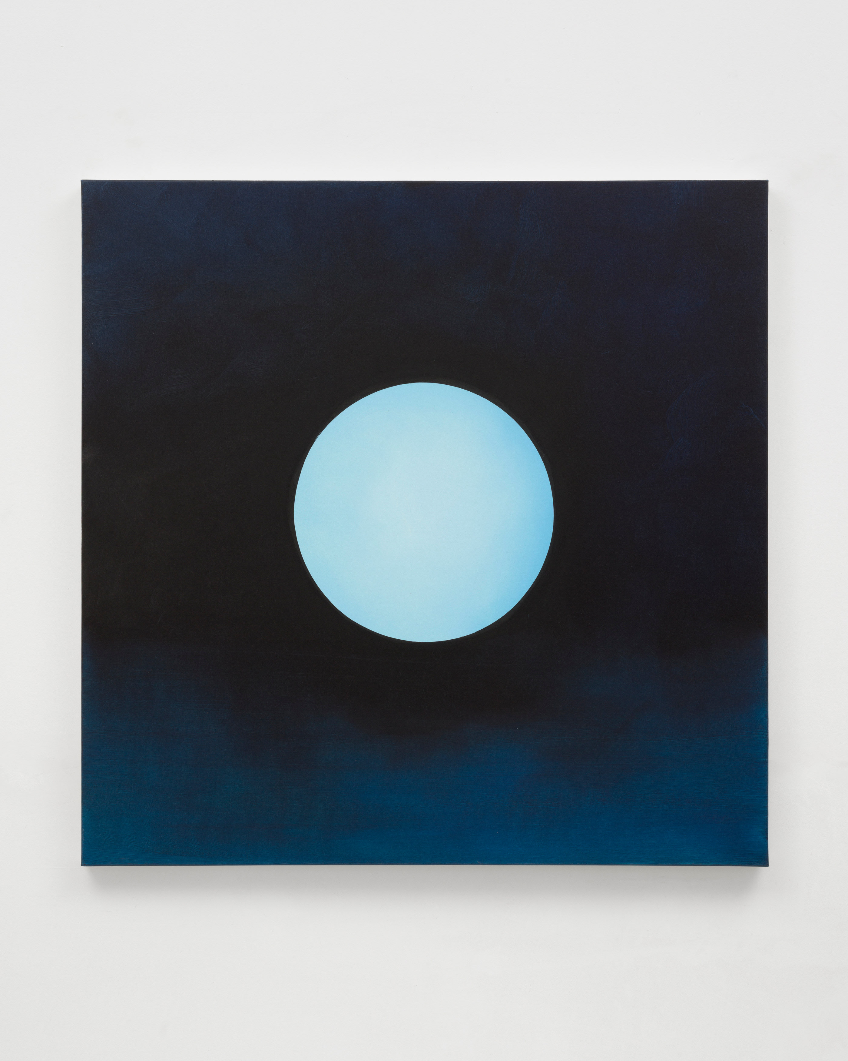 A square painting by Wanda Koop of a bright blue moon against a navy sky.