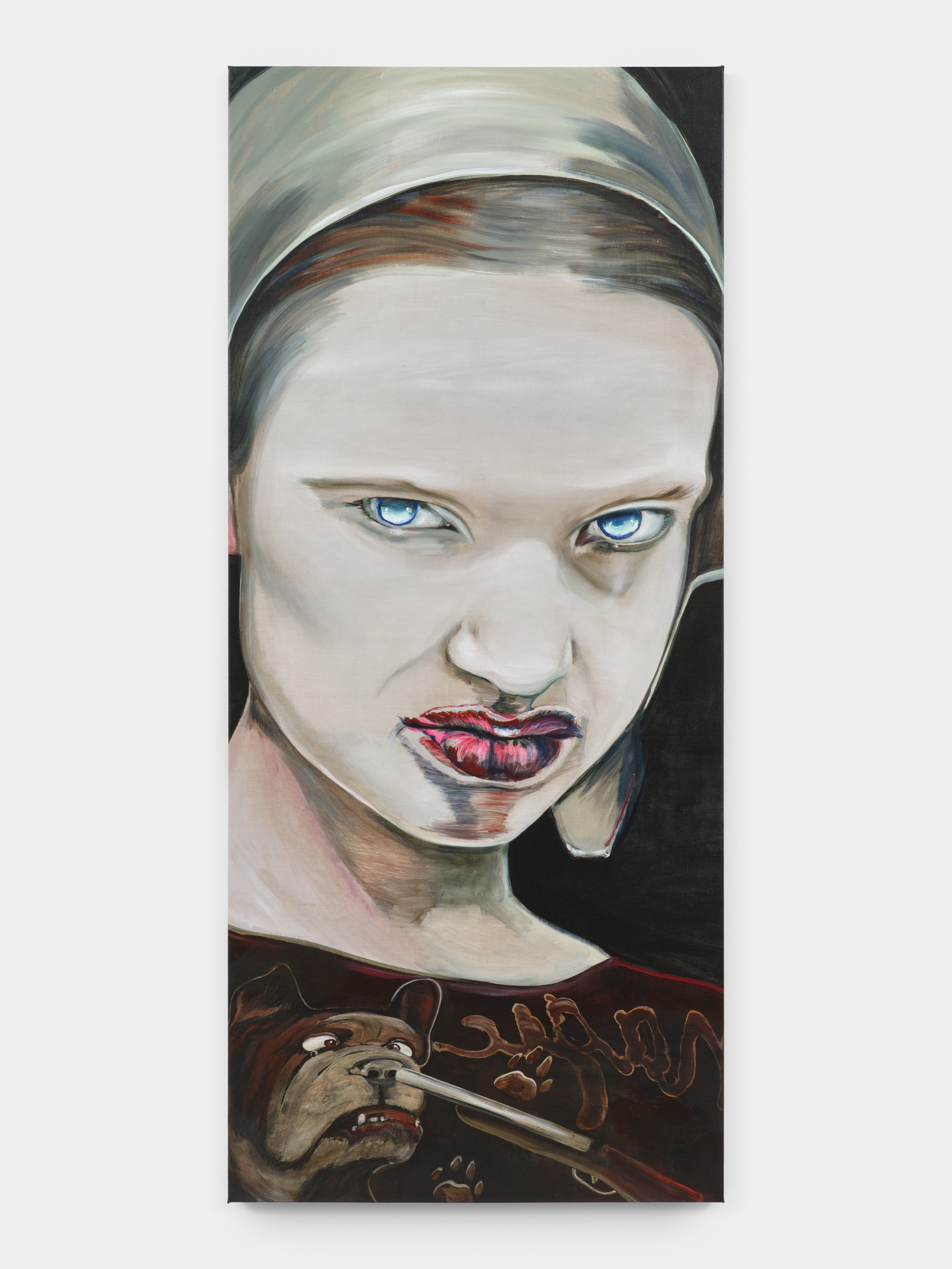  A painting of a woman with blue eyes and red lips wearing a bonnet with her eyes fixed on the viewer and dog with a shot gun pointed at his face on her shirt.