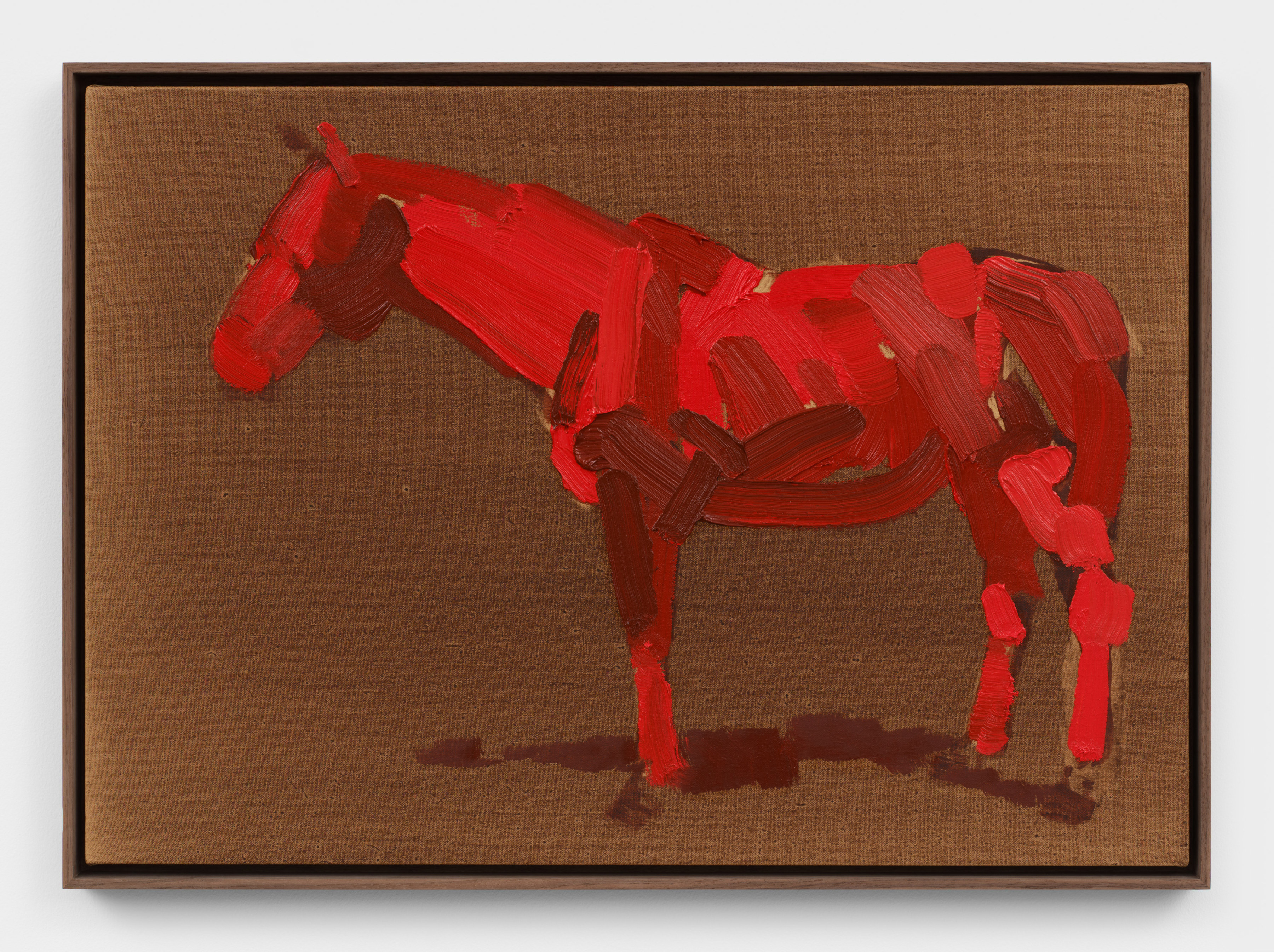A painting with thick brushstrokes depicting the side view of a horse grazing rendered in shades of red against a brown background.