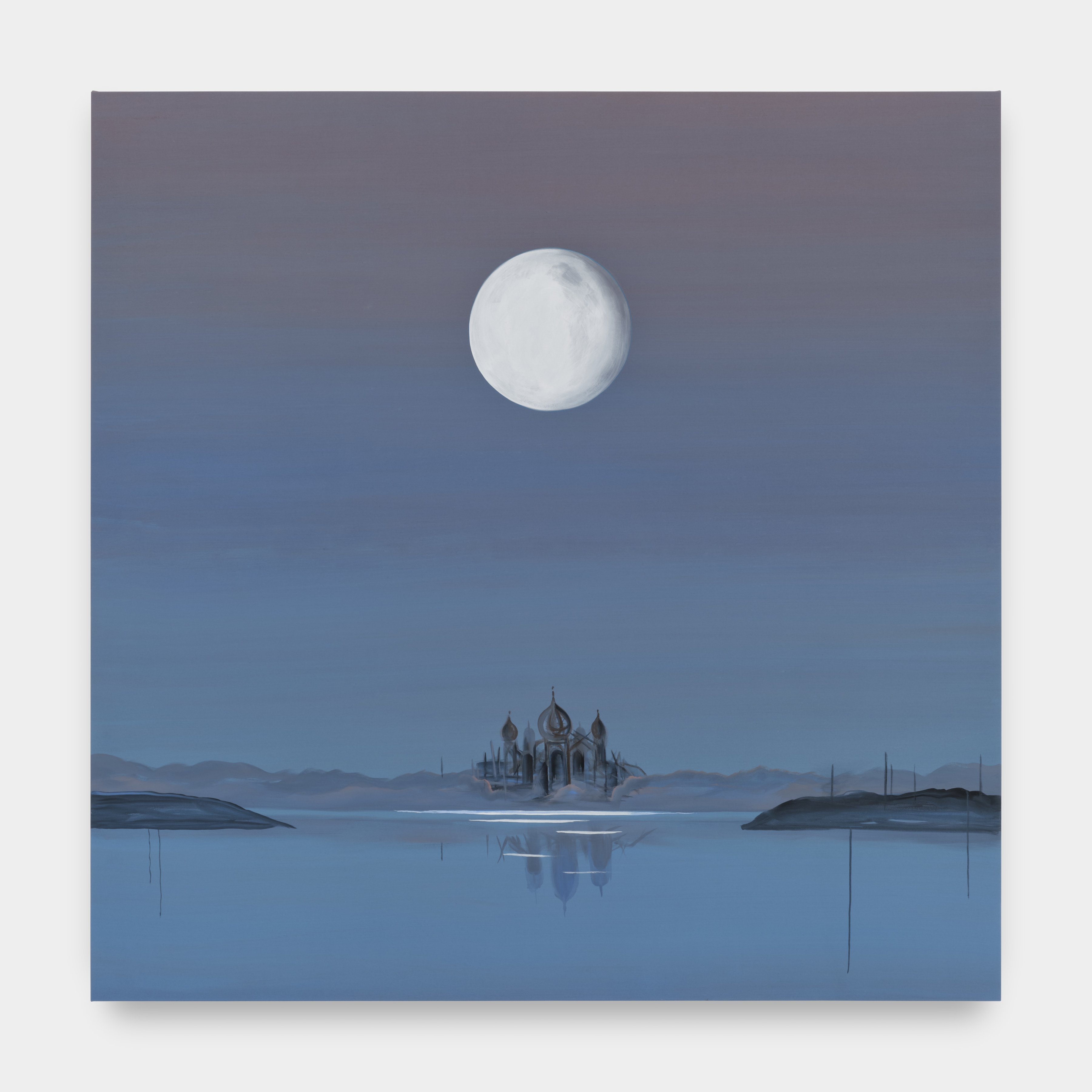 A blue painting with a large moon centered with a Byzantine building in the distance 