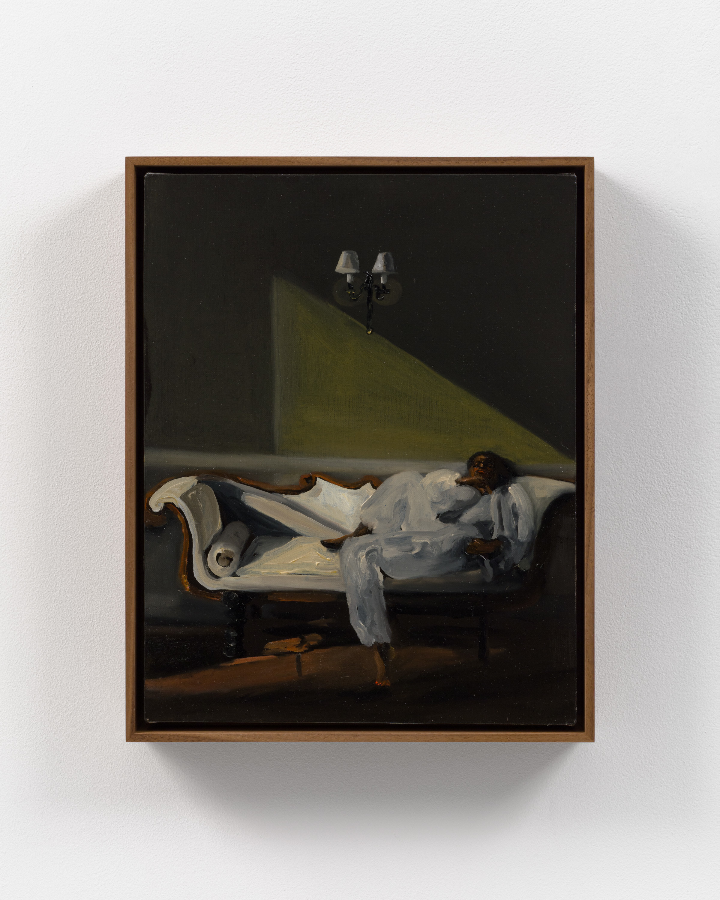 A painting of a person reclining on a couch in dim lighting.