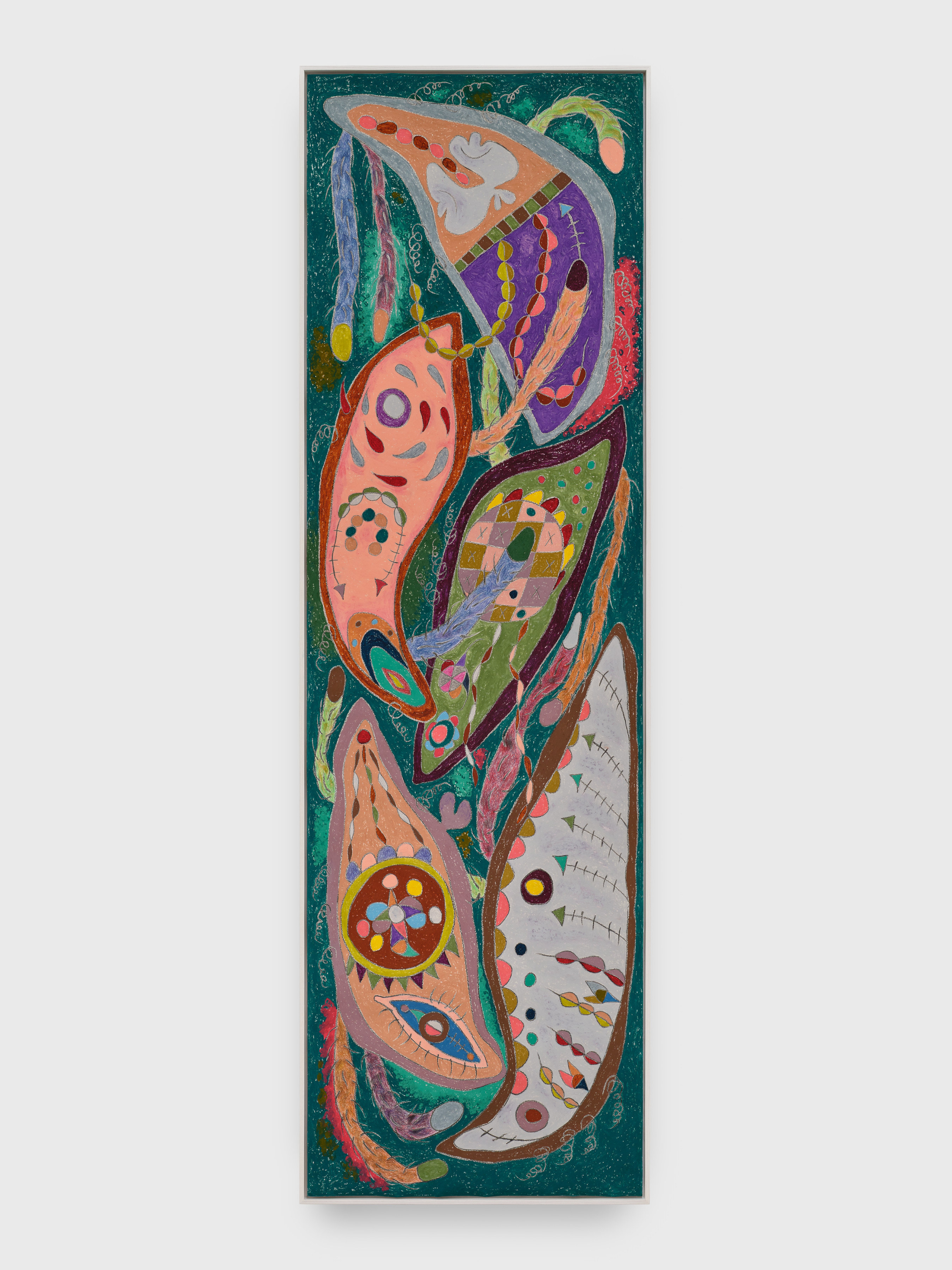 This piece is composed of five curved, oblong figures in shades of purple, peach, gray, coral, green, and light brown. Inside each shape are small multicolored figures and wavy lines. All five figures are connected by slim protruding lines that give the appears of fingers.