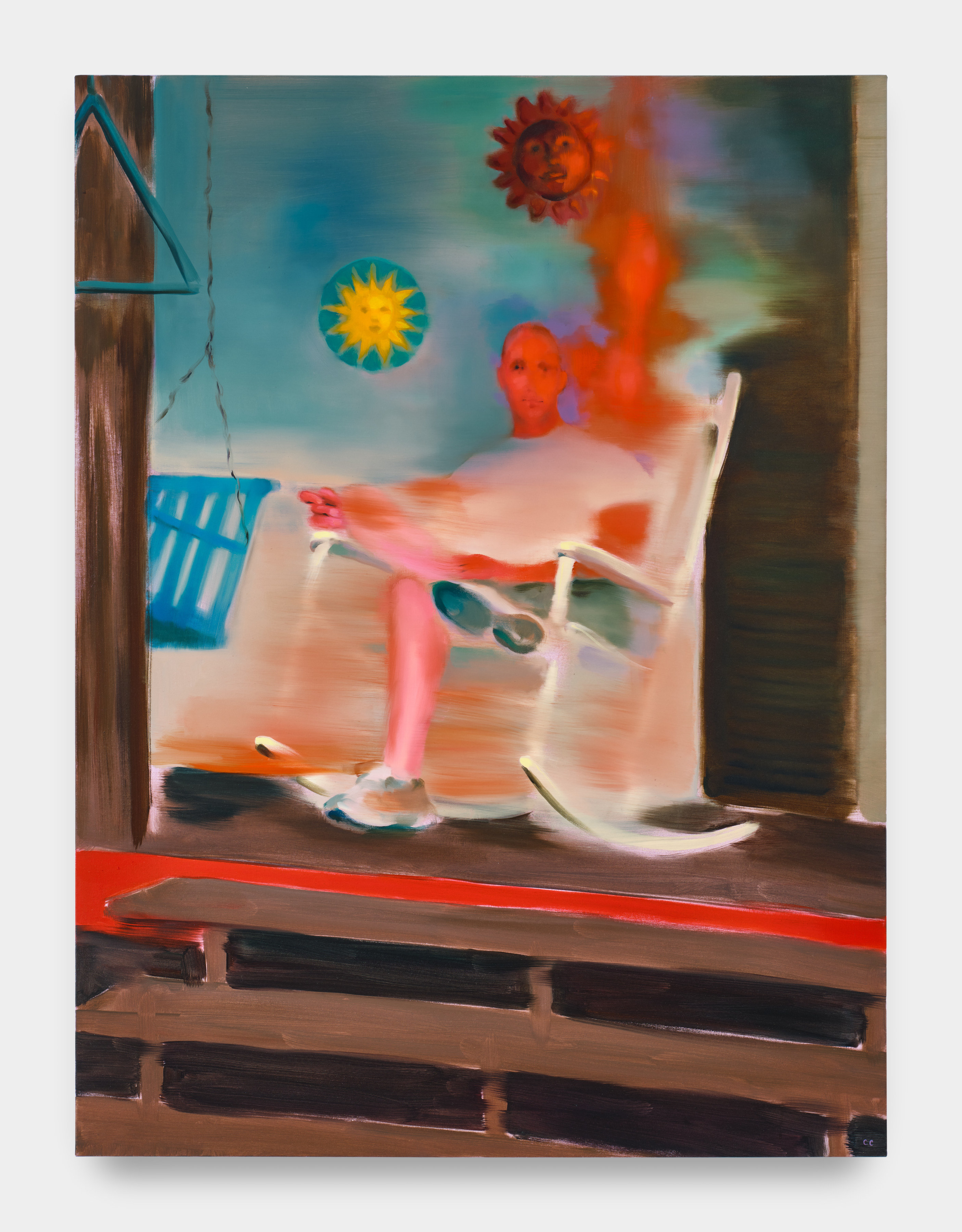 A painting of a figure sitting in a white rocking chair in motion on a porch with two suns in the sky. 