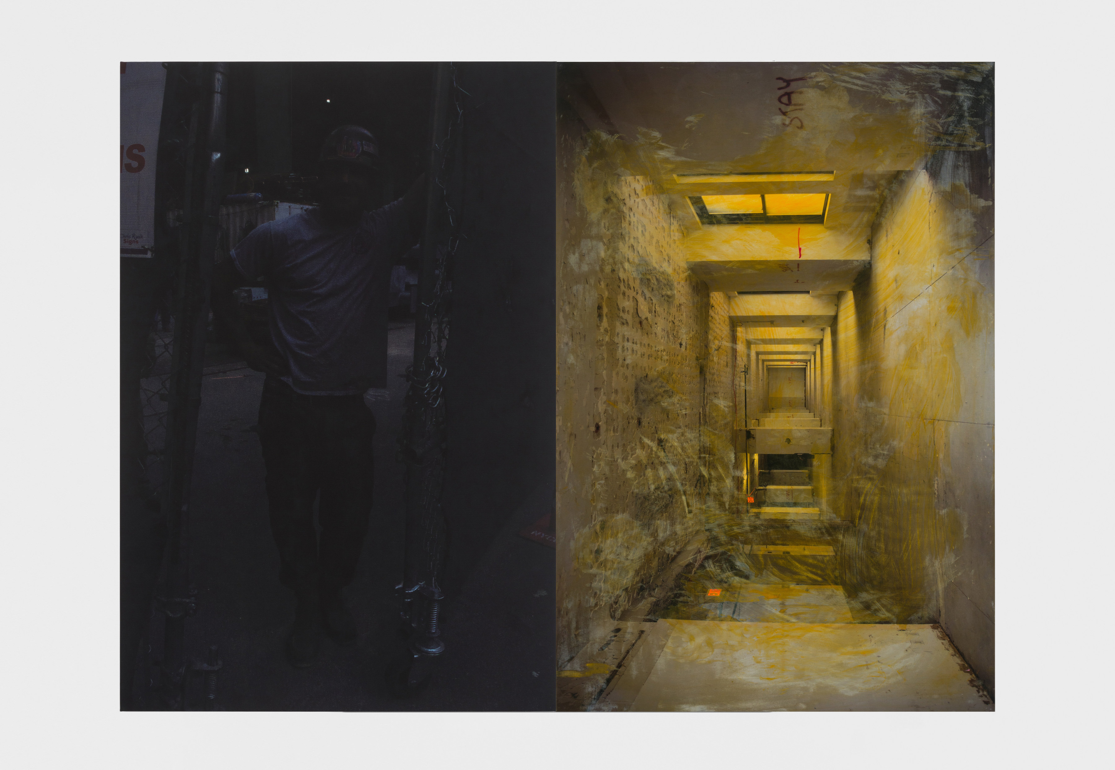 A panel of two photographs depicting a construction worker leaning against a wire fence and a yellow toned image of a partially demolished hallway flipped sideways.