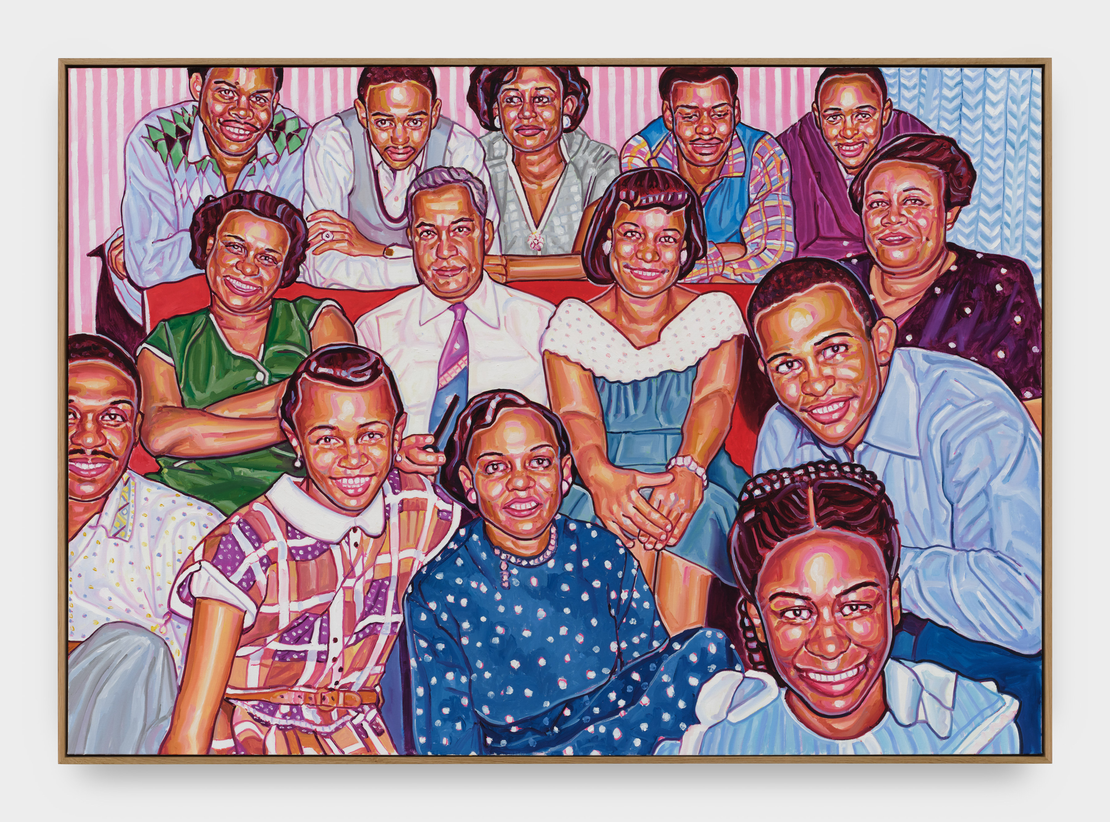 A painting of a group of people gathered around a couch posing for a portrait.