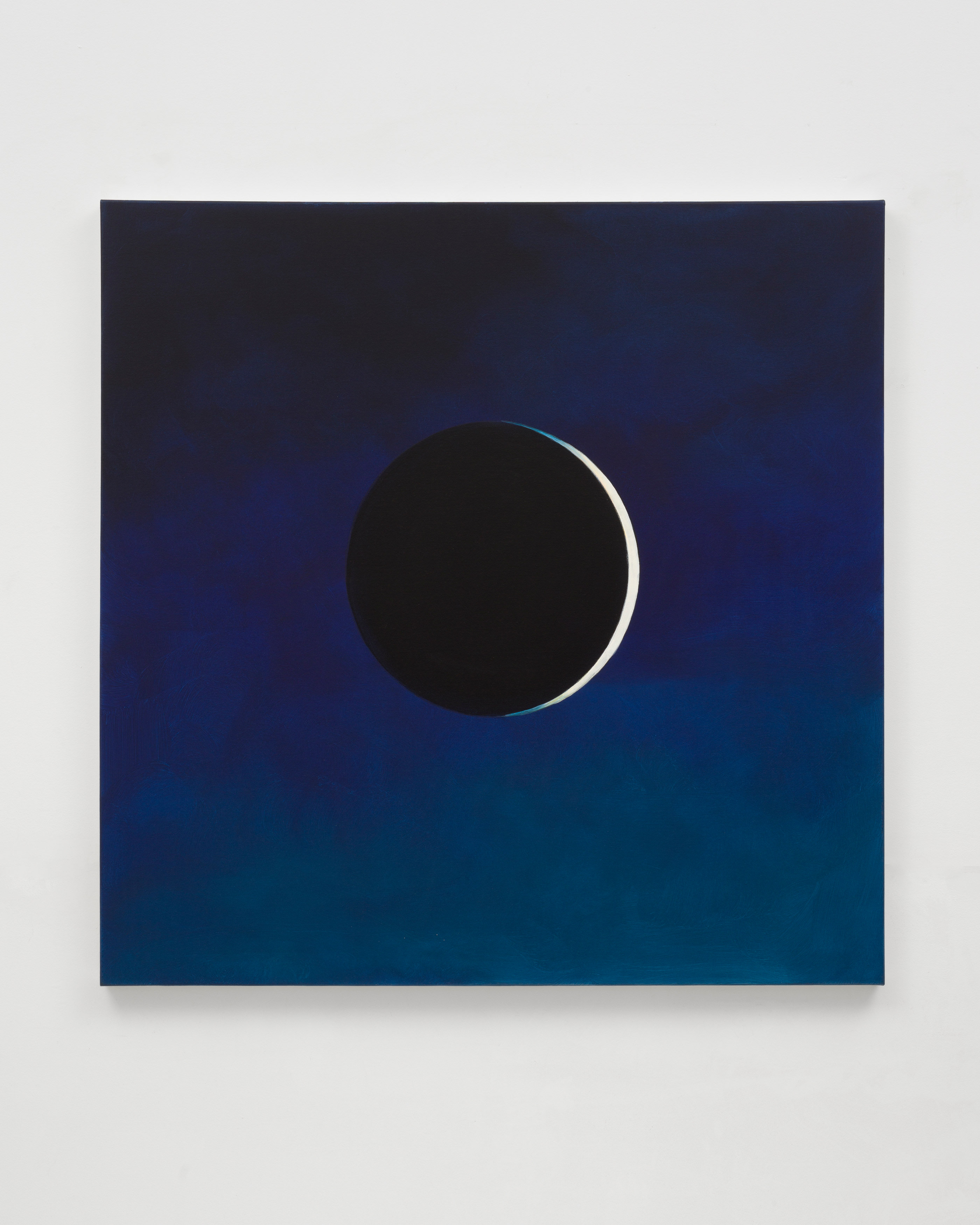 A square painting by Wanda Koop of a sliver moon against a navy sky.