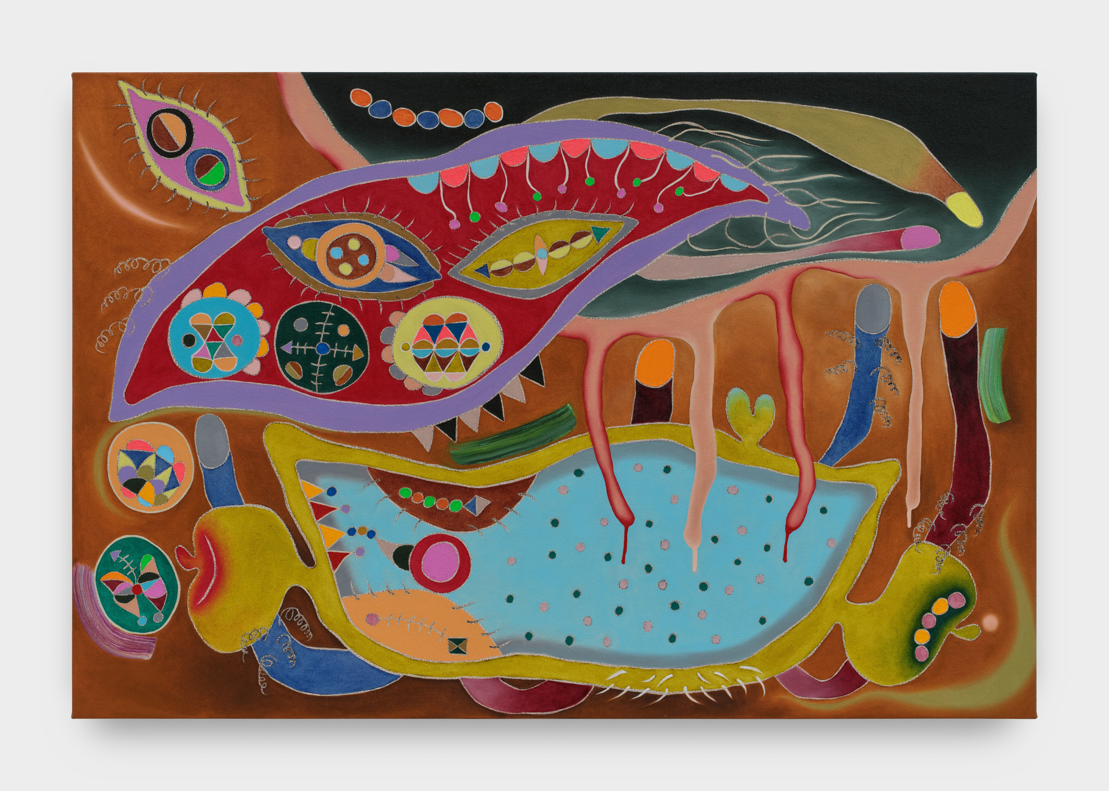 A painting on canvas depicting an anthropomorphic scene consisting of abstract shapes in various colors such as brown, light blue, black, purple, orange, mustard yellow, navy, and a faded tint of red. 
