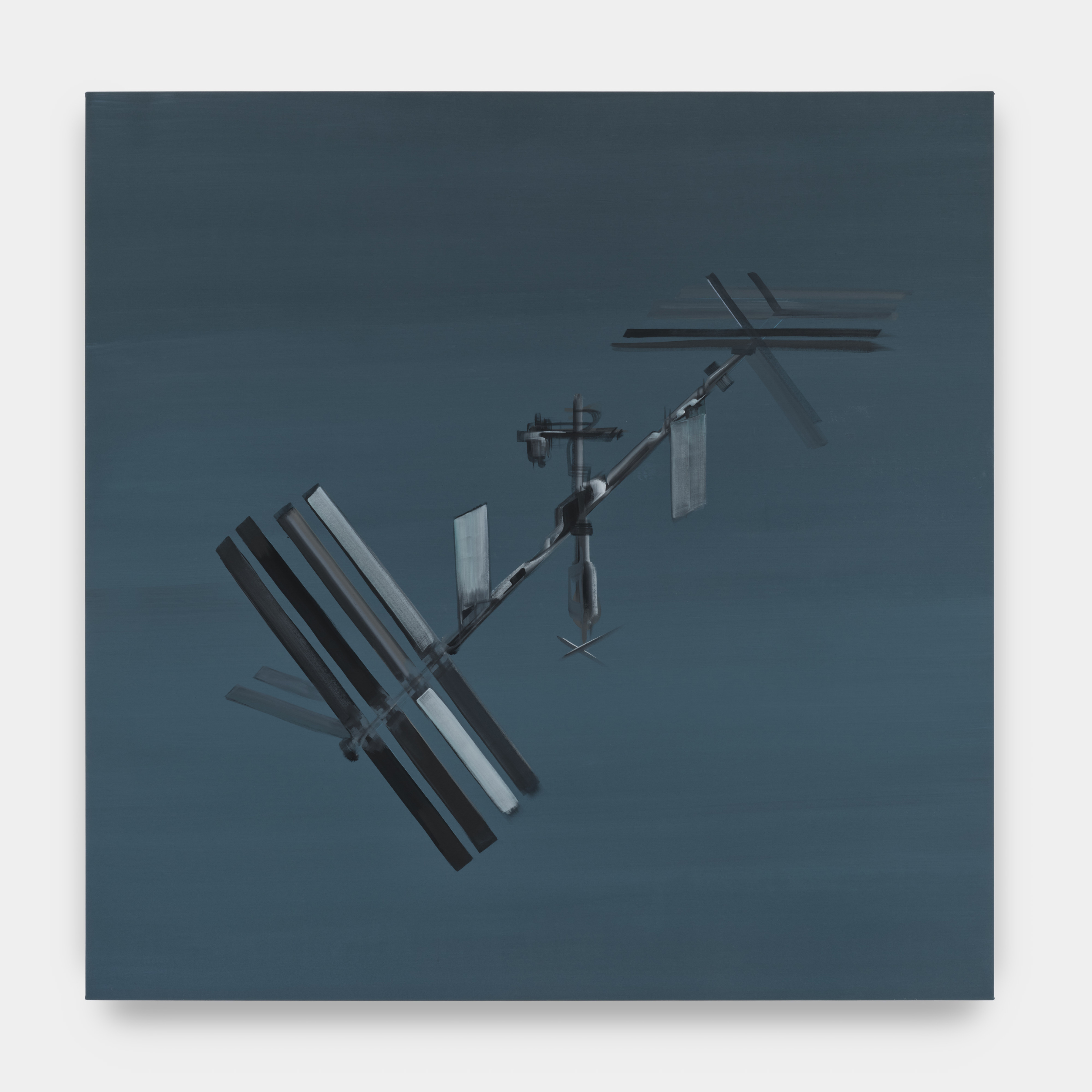 A dark blue gray painting of a satellite floating 