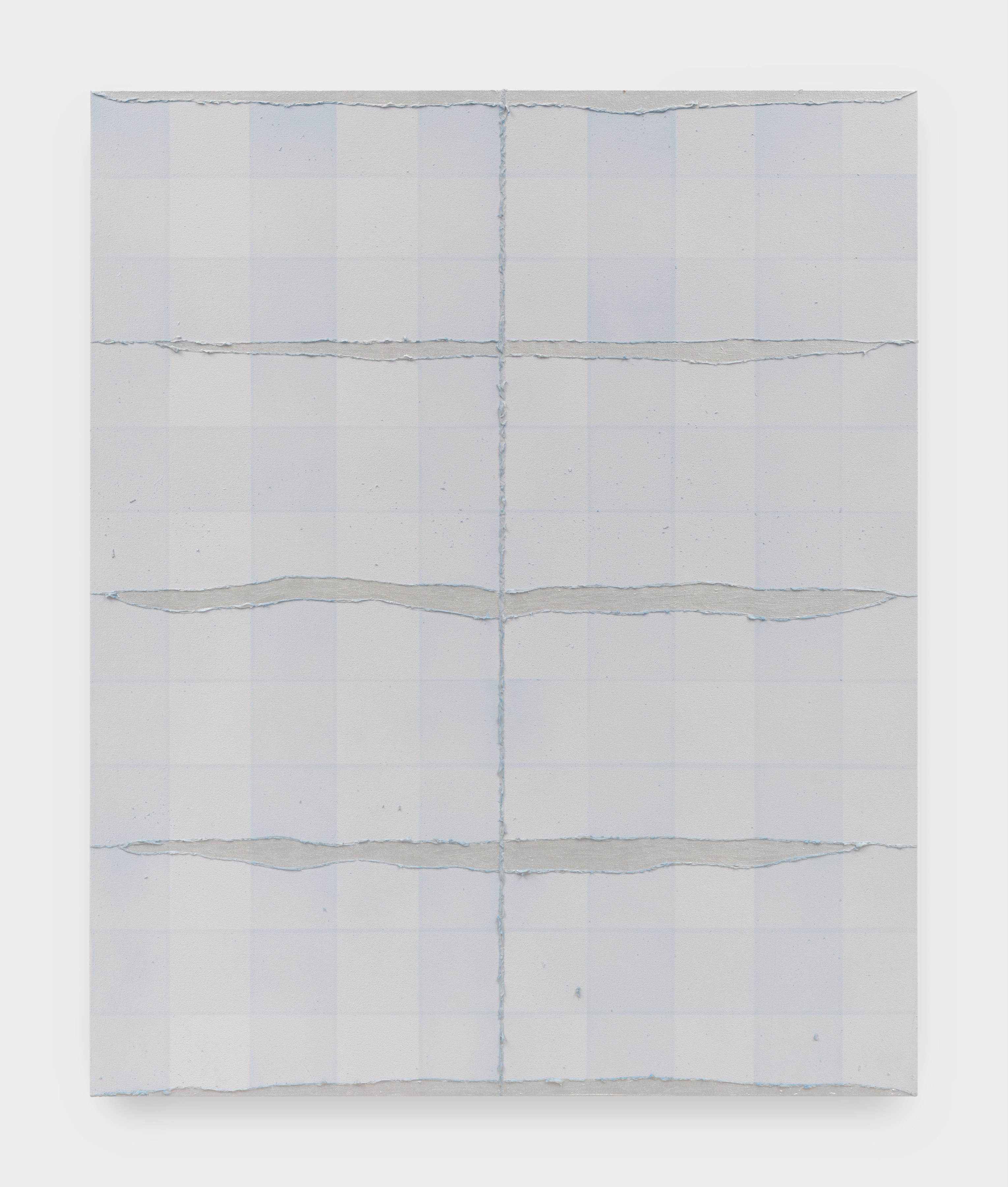 A painting on canvas of plaid in shades of gray and blue with a thin blue vertical line and three gray horizontal slashes at the center.