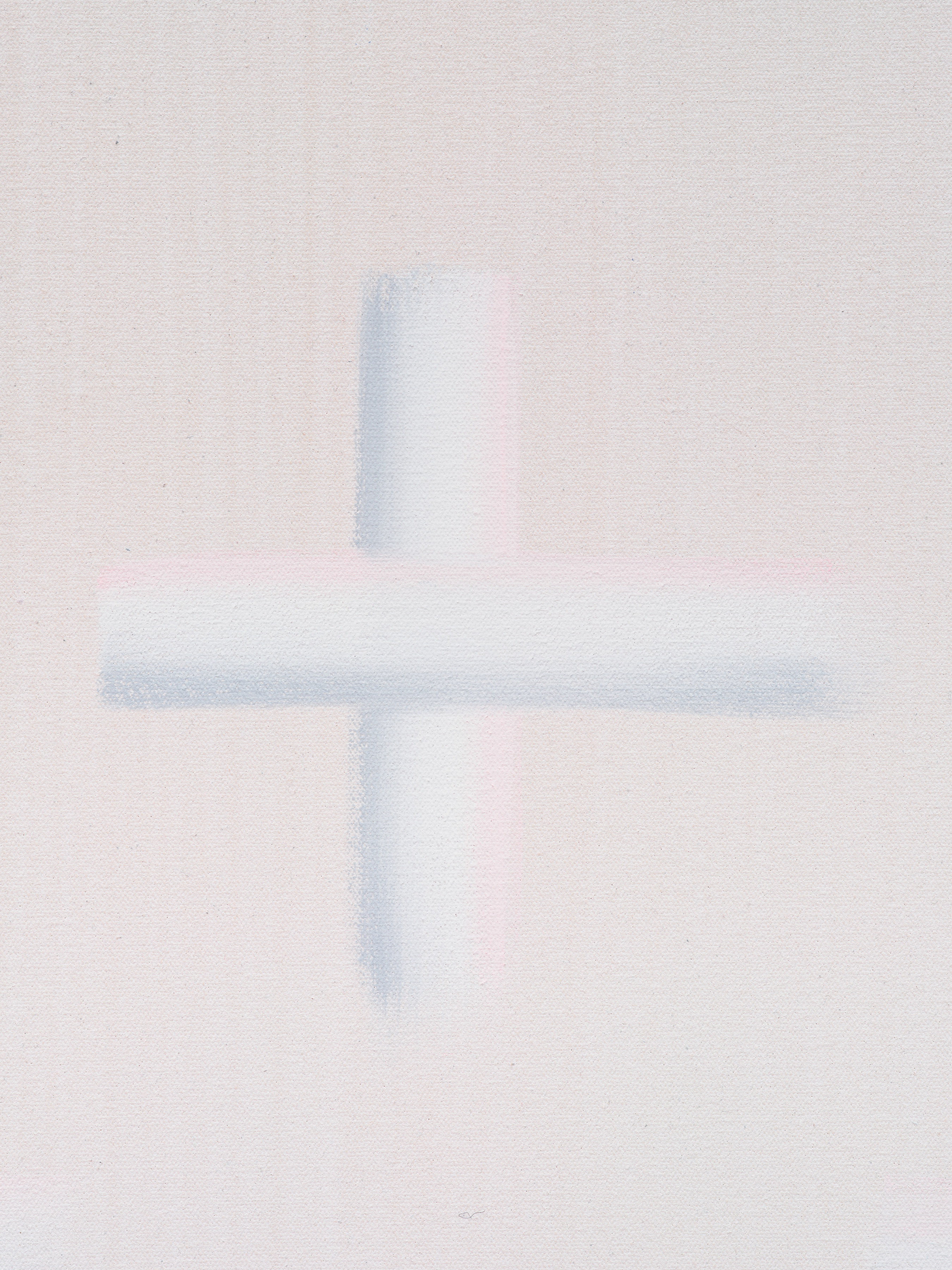  A detail of Wanda Koop’s “Sleepwalking” with a white cross in the center of a pink background 