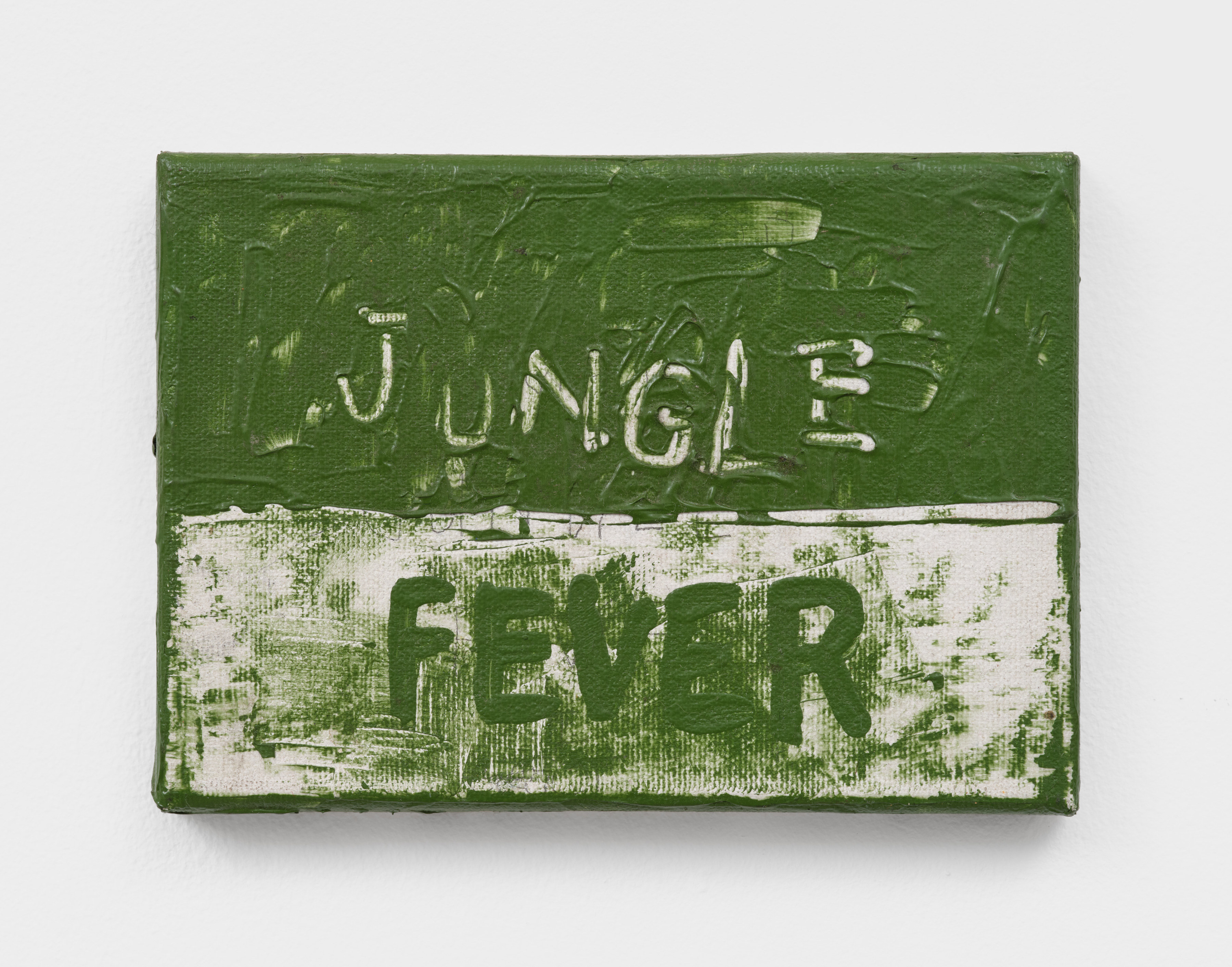 A green and white painting horizontally split in two with the top half reading "JUNGLE" and the bottom reading "FEVER"