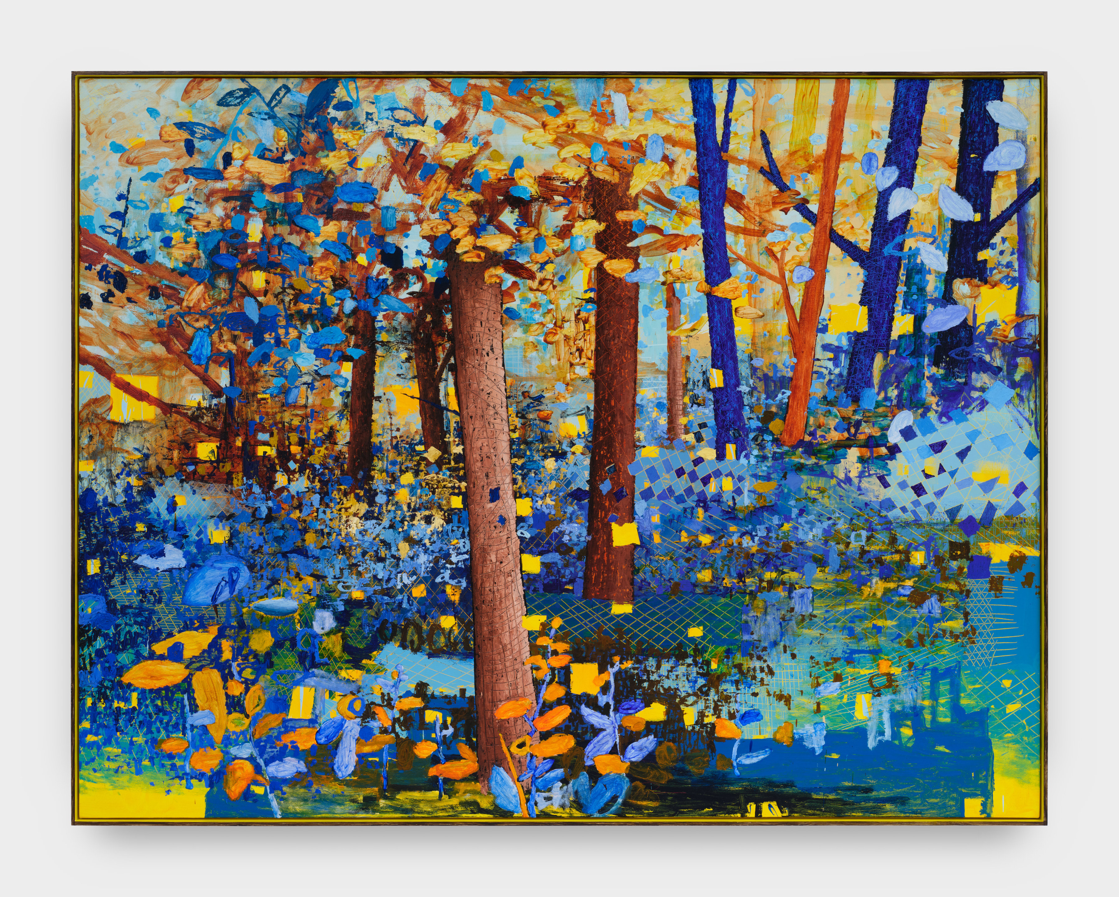 The artwork portrays a forest landscape with trees trunks in a the background with colors of deep blue and orange. In the foreground a tree with multicolored leaves sits as the focal point. Leaves in colors such as blue, yellow, brown, and orange cover the forest ground. 