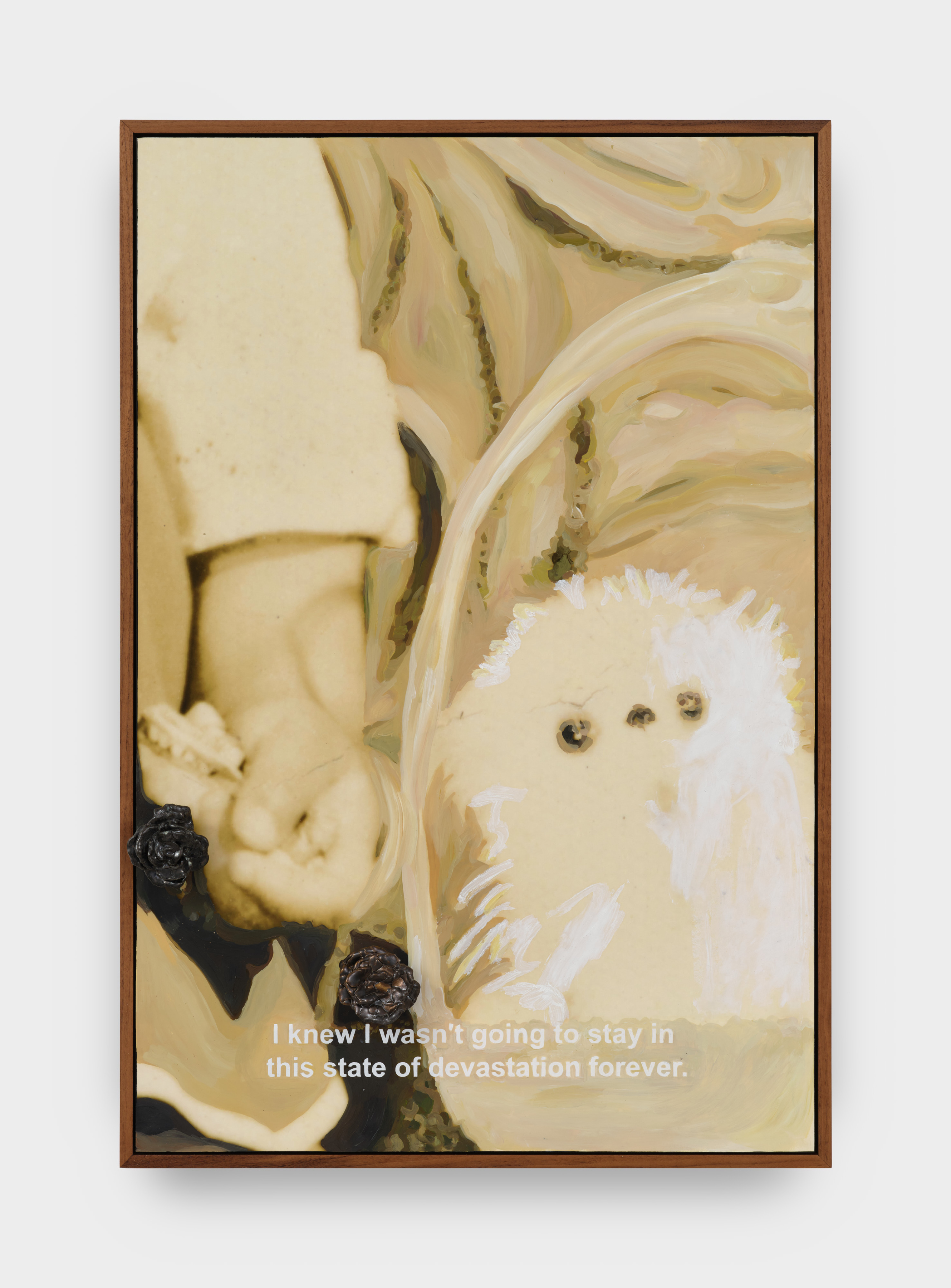A digital printed photograph of a child's hands holding a white pomerainian with painted details and a ceramic rose protruding from the picture plane.
