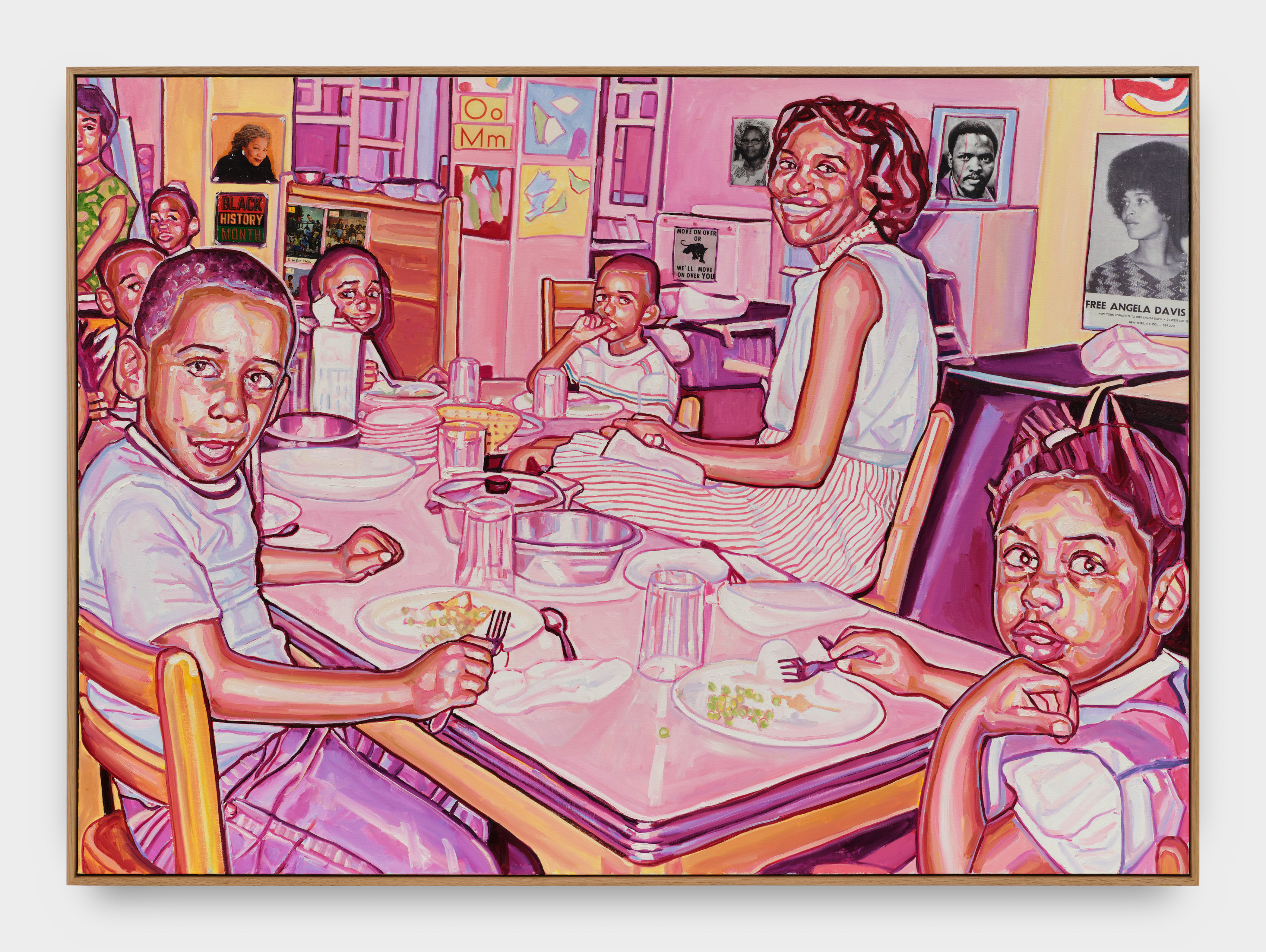 A painting of a woman with five young children eating a meal.