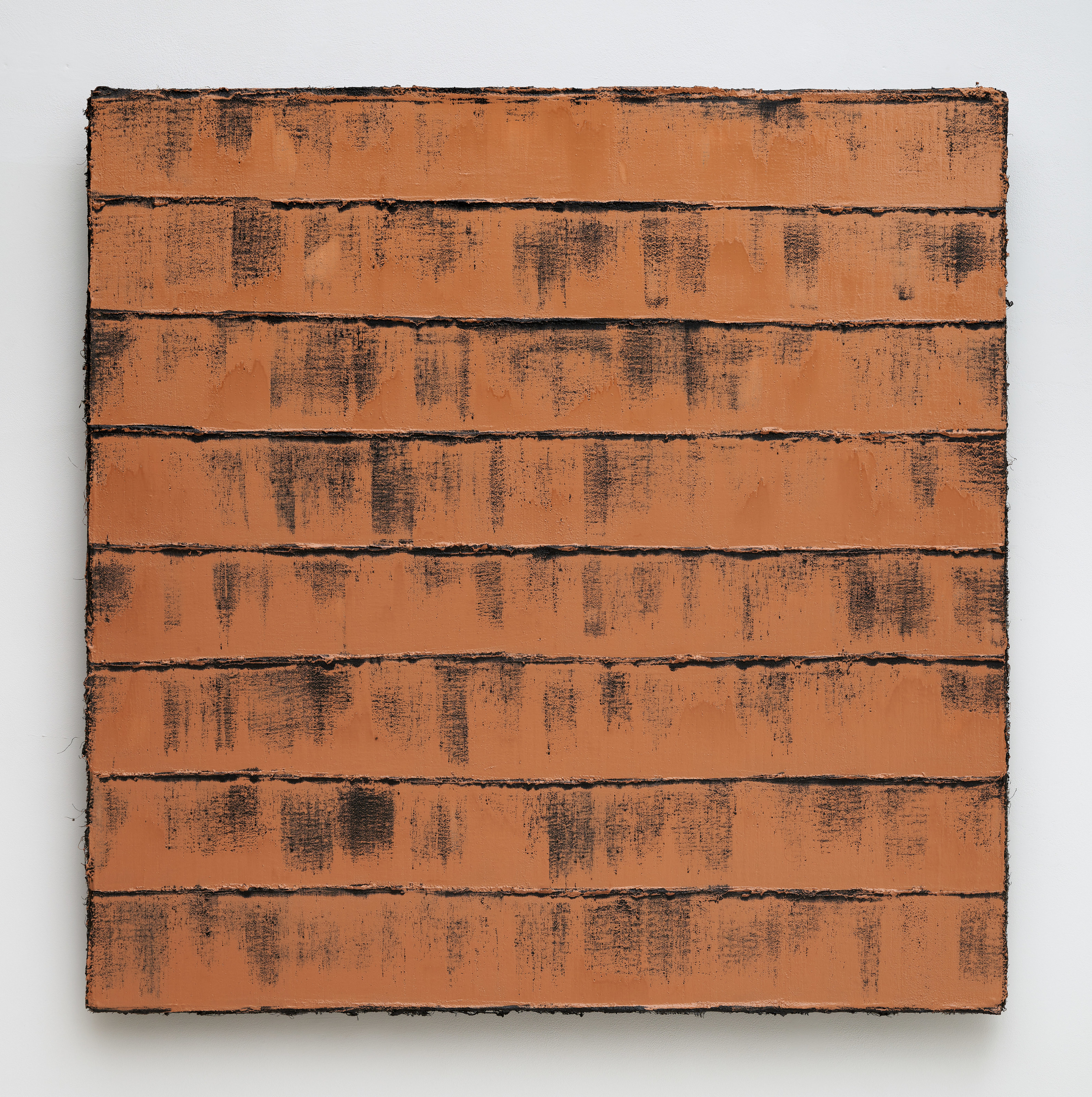 A square textured painting with thick layers of burnt orange pigment in horizontal stripes with black pigment showing through the brushstrokes. 