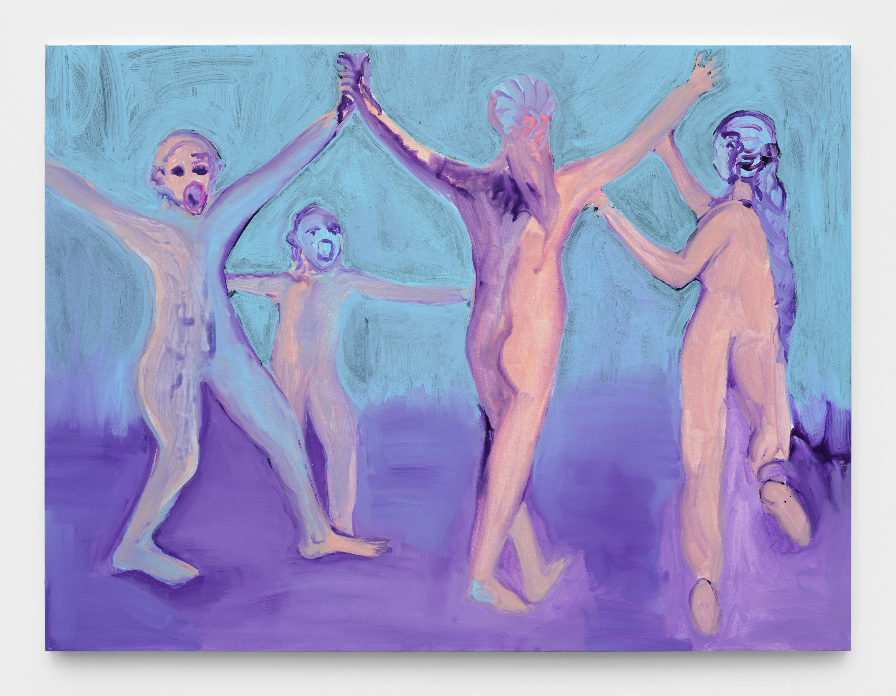 On a blue and purple background four nude figures dance in a circle with their arms raised and mouths agape in exaltation.