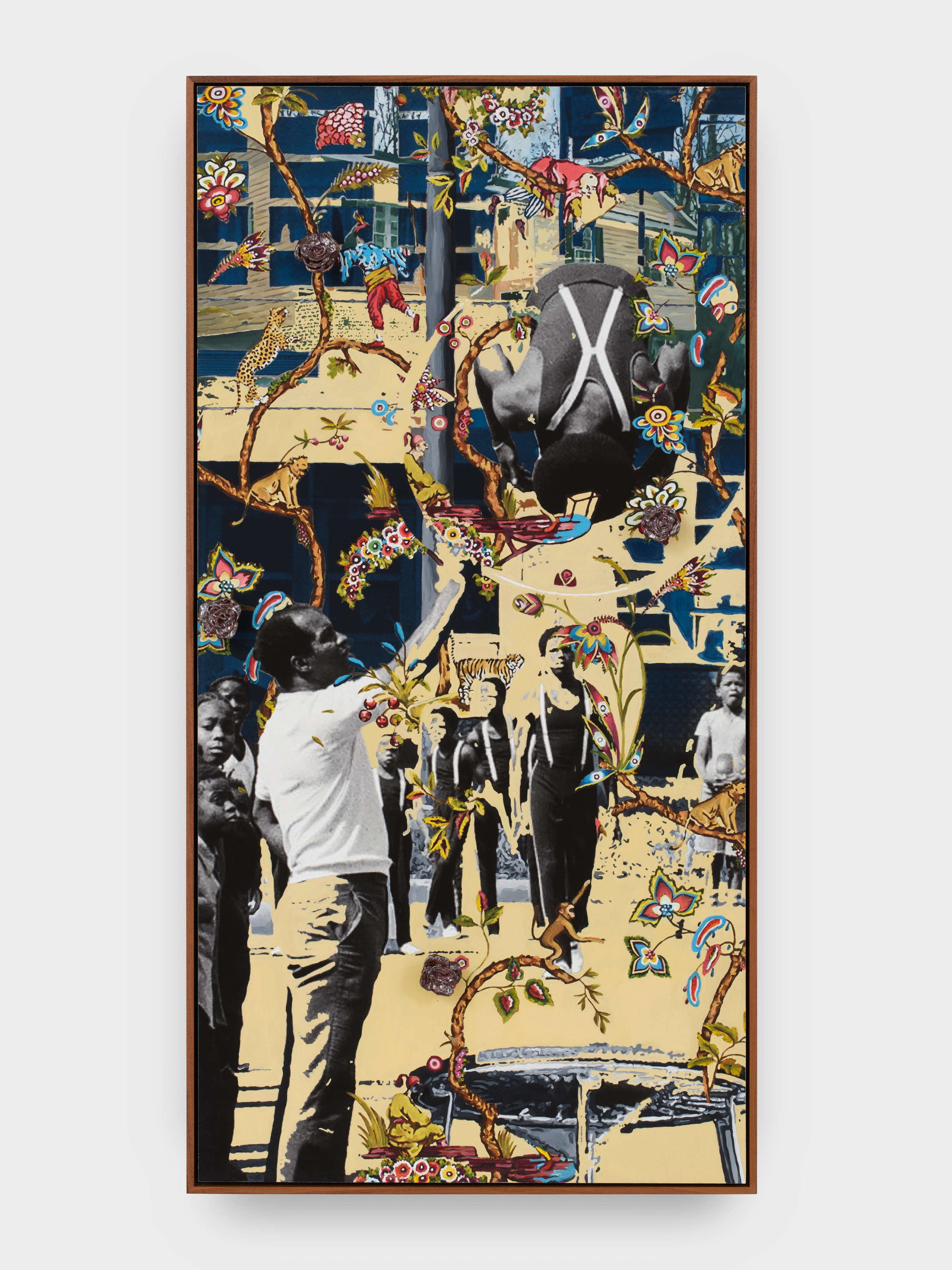 A digital printed photo collage of black athletes mixed with painted floral and animal motifs with a ceramic rose protruding from the picture plane.