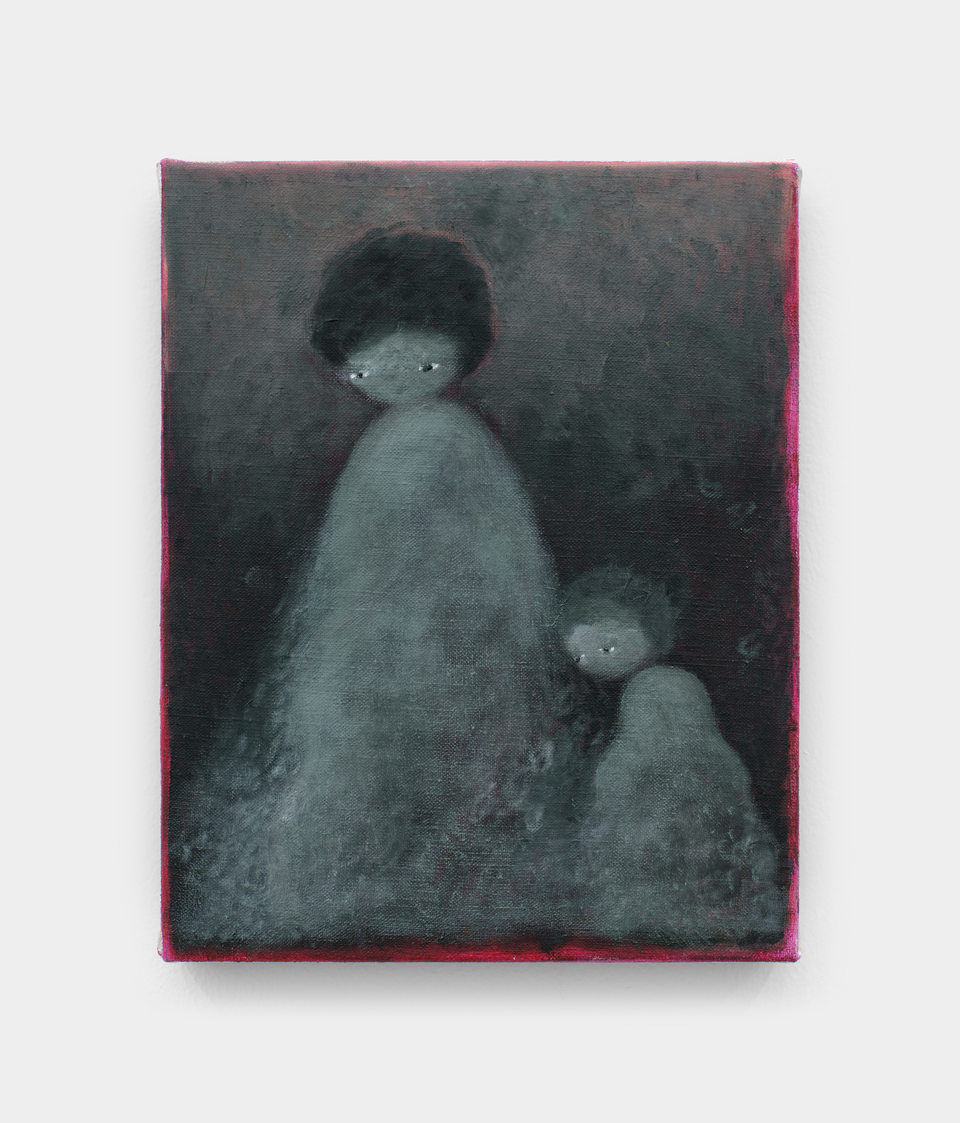 A small grey painting of a taller figure with a childlike figure holding hands against a grey background.