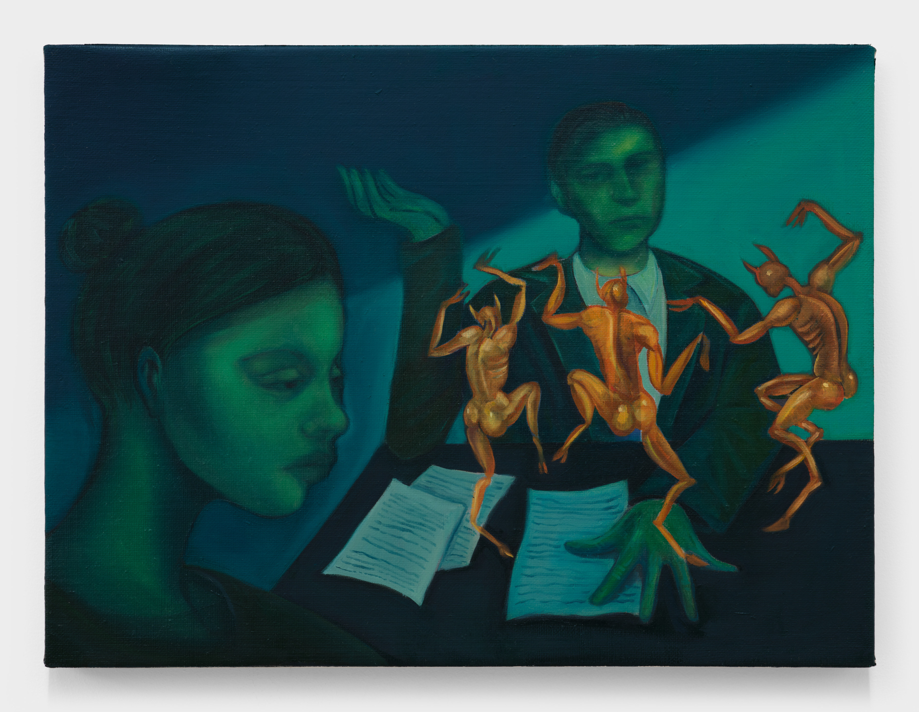 Bambou Gili's artwork "We Tried the Legal Route". Two people sit at a desk basked in green light with documents while three golden devils dance above. 12 x 16 in (30.5 x 40.6 cm), oil on linen, 2022