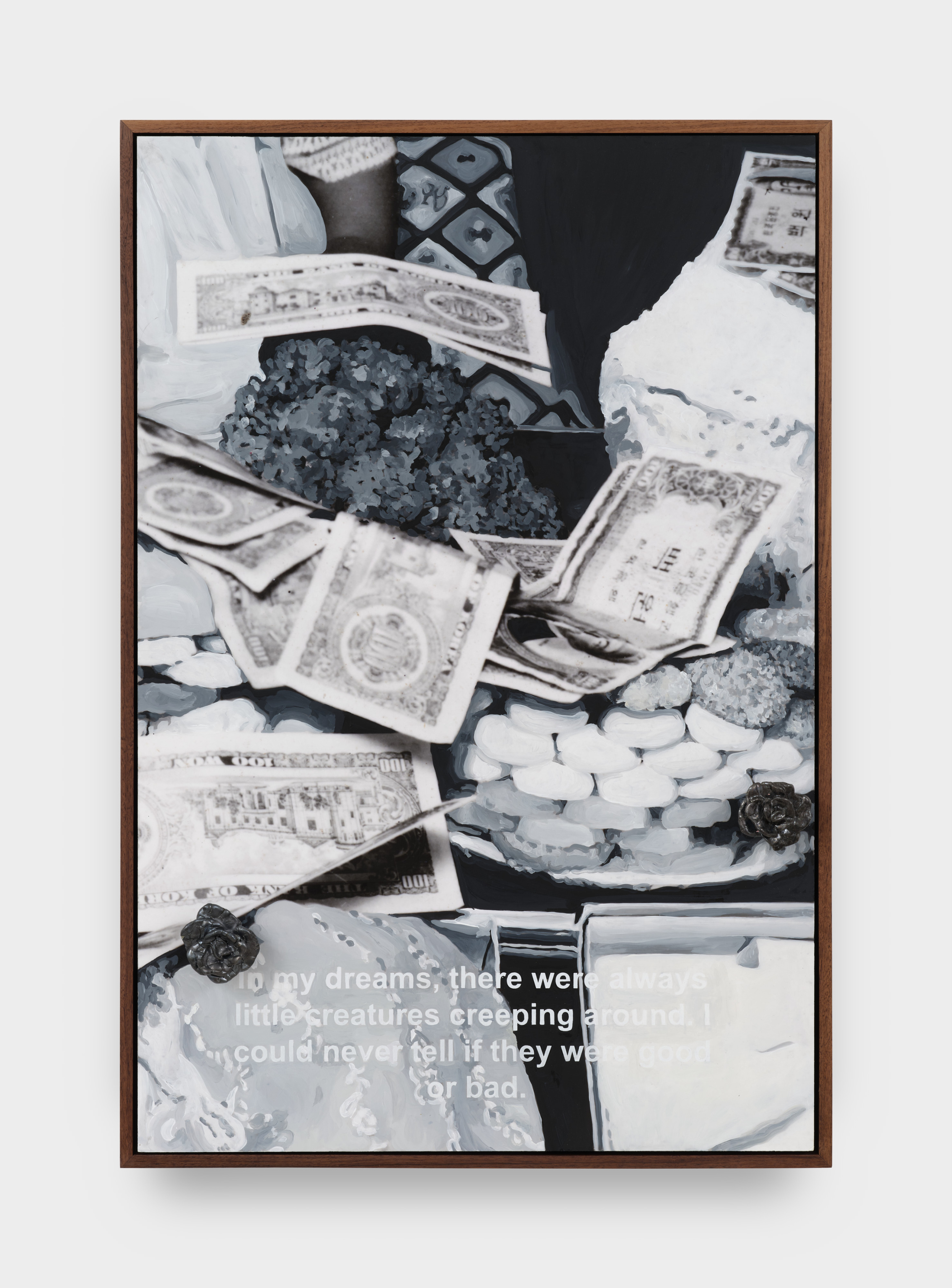 A digital printed photograph of stacks of money and gifts with painted details and a ceramic rose protruding from the picture plane.