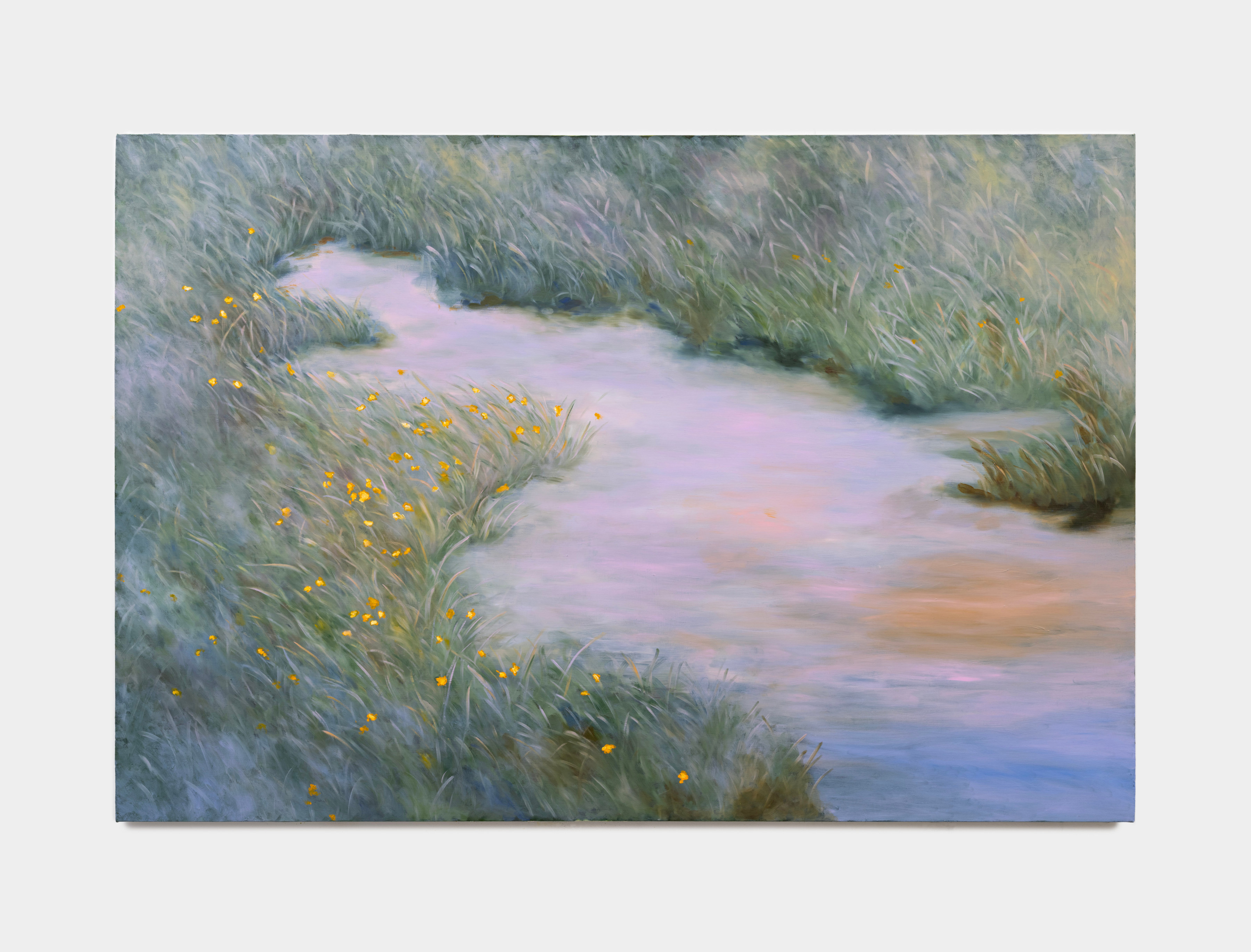 A painting of pale purple waters surrounded by green grass and yellow flowers. 