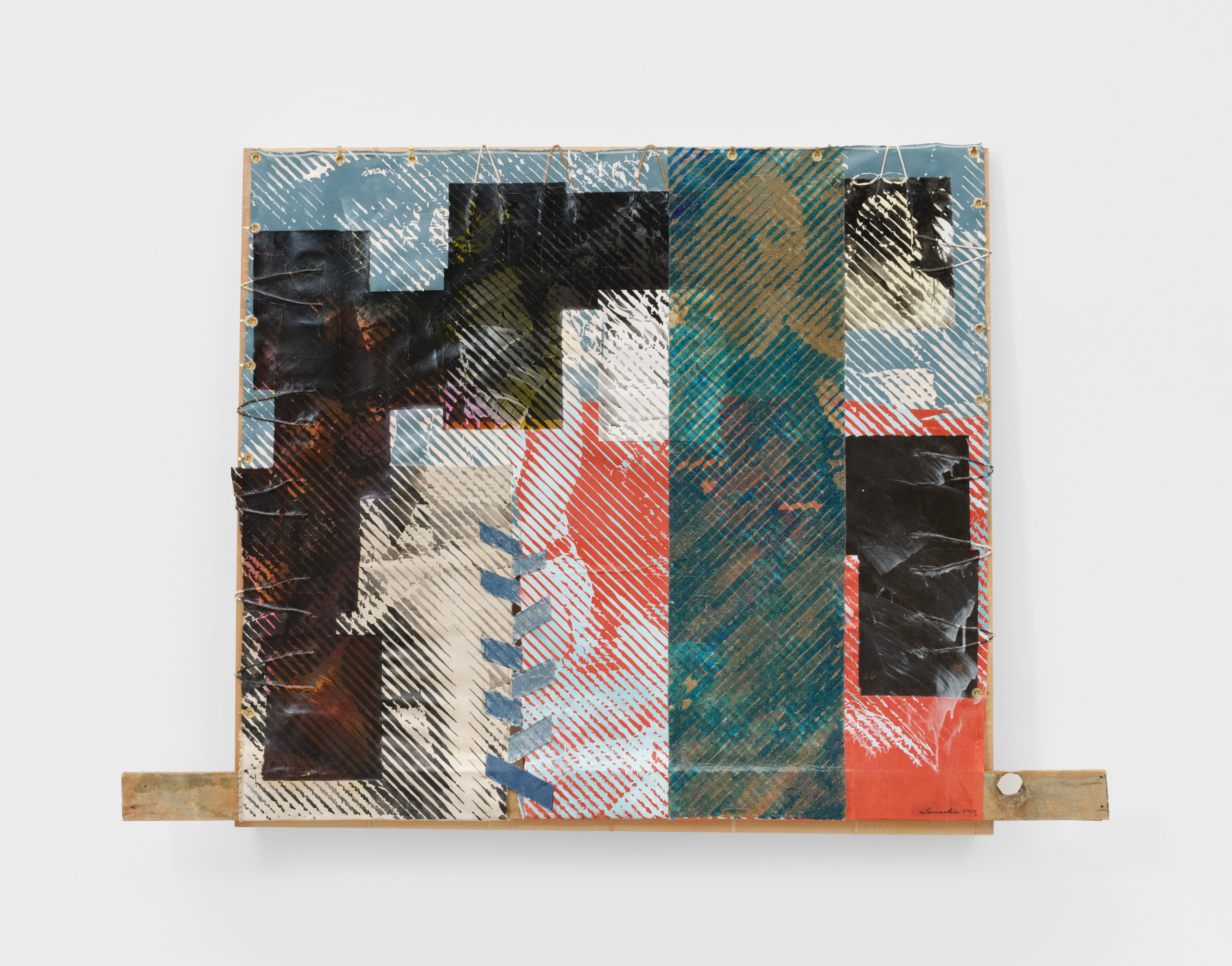 A layered painted photo transfer of figures and faces in black, blue, red and teal mounted on a protruding wood frame. 