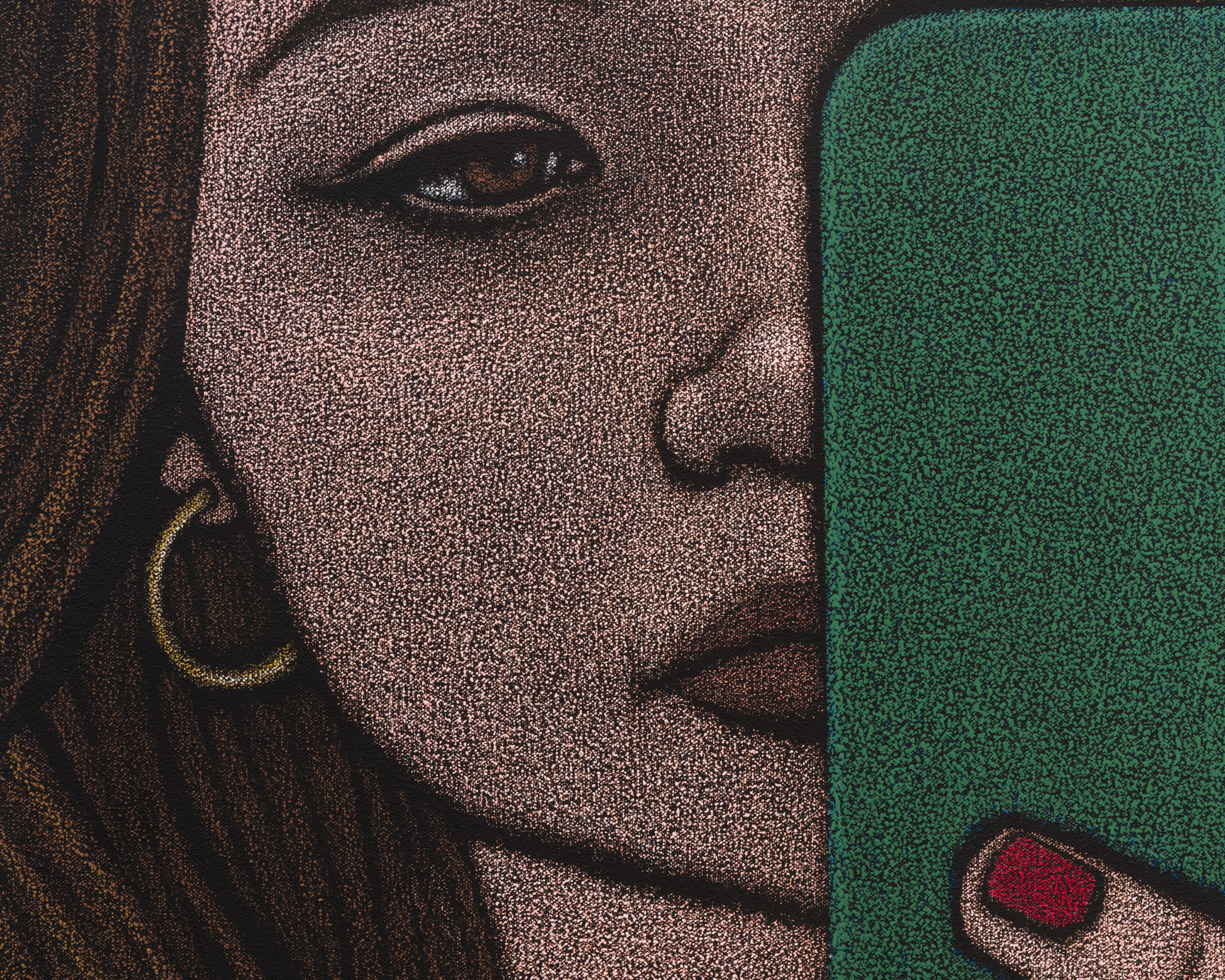 An oil pastel painting of a woman taking a selfie in the mirror with a smartphone.