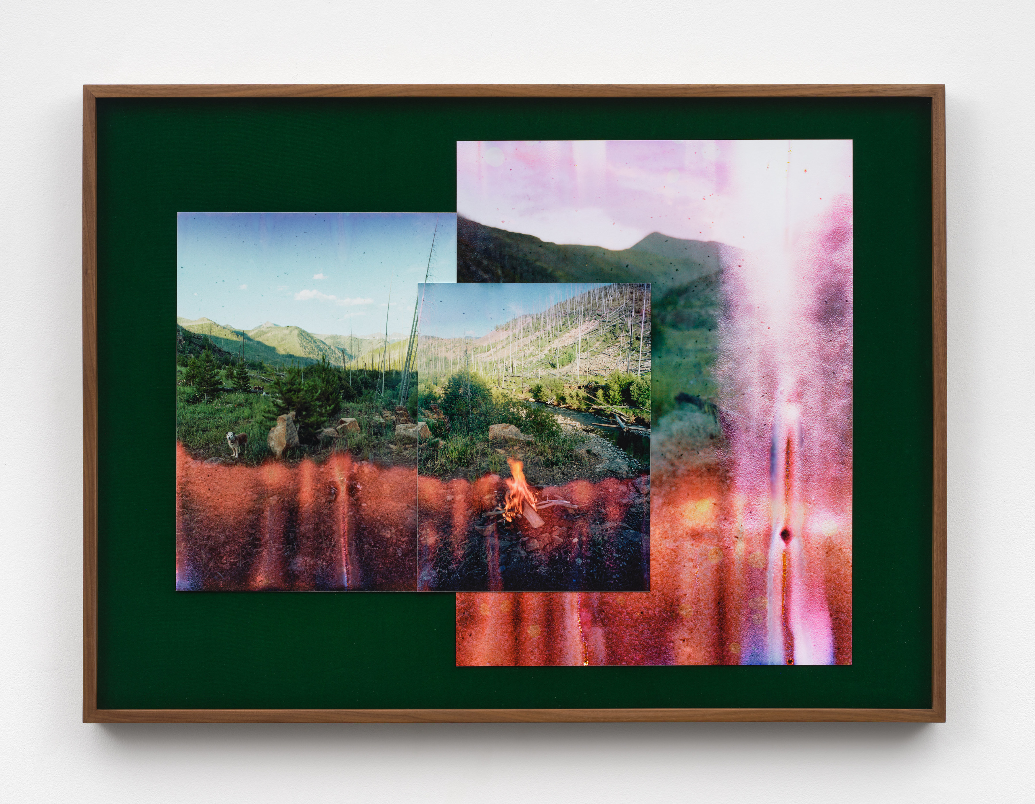 A collage of three photographs of a campfire in a green valley with red light leaks overlapping against a green velvet background.