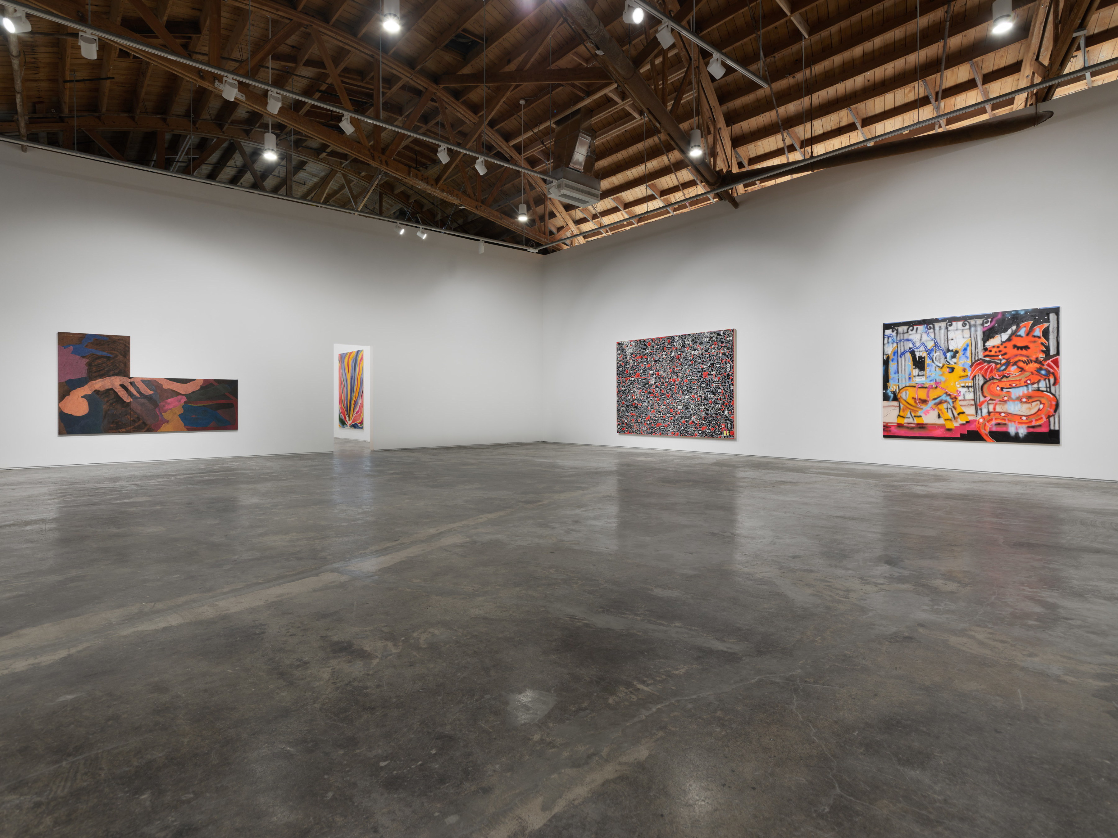 Installation view of the exhibition "The Big Picture" at Night Gallery, including a large scale painting by Kaveri Raina, Sarah Blaustein, Trenton Doyle Hancock, and Robert Nava. 