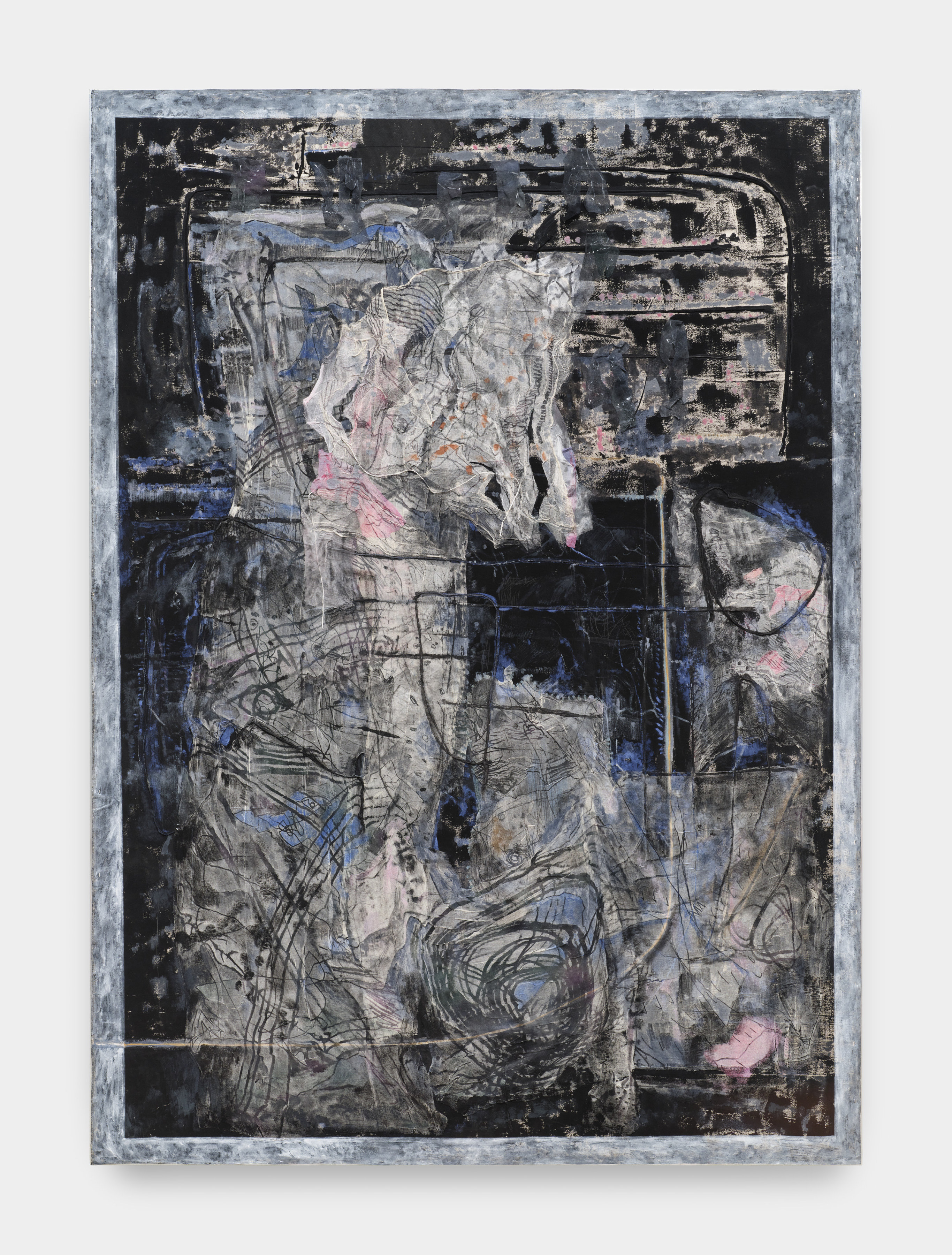 A textured painting with black, blue and grey swatches of color layered with gauze and line drawings.