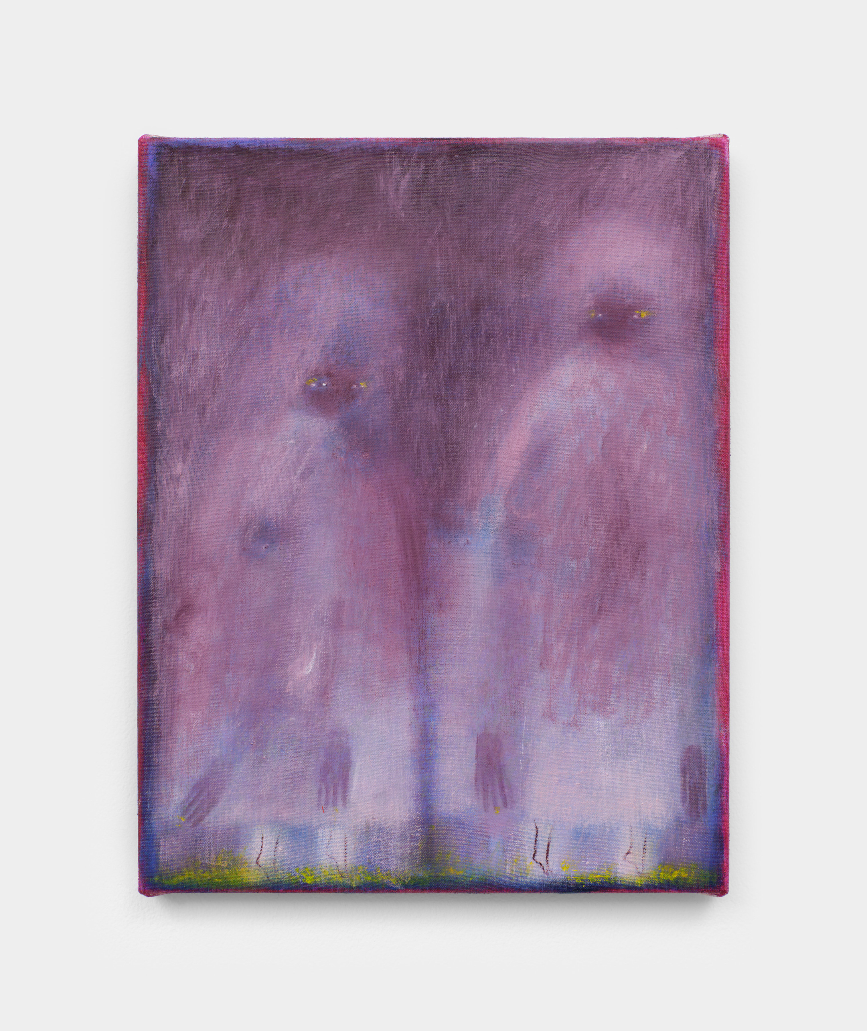 A painting in pale and deep purples hues depicting two small faintly rendered figures with their dark eyes looking at the viewer. 