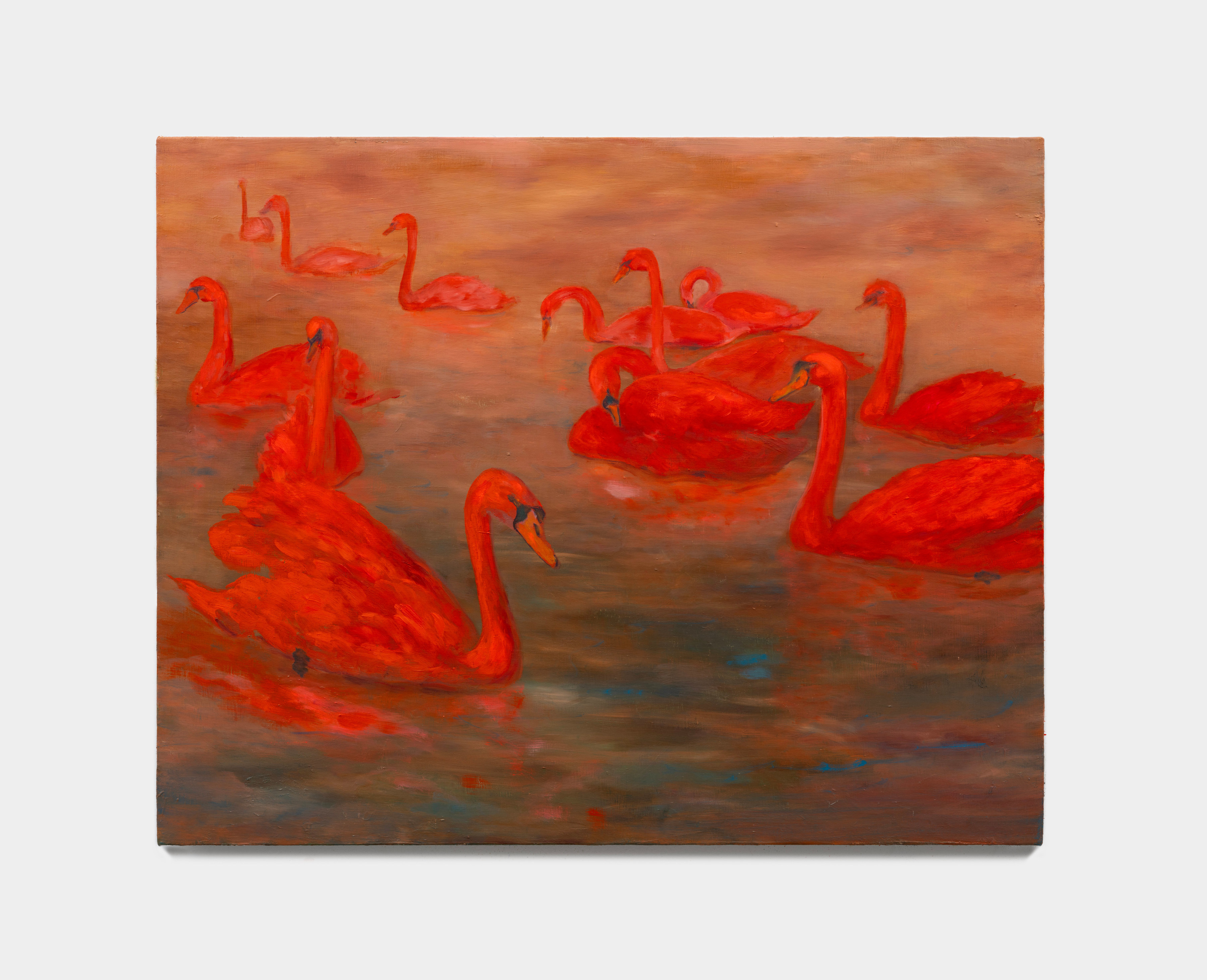 A painting of red swans swimming in blue and ochre waters. 