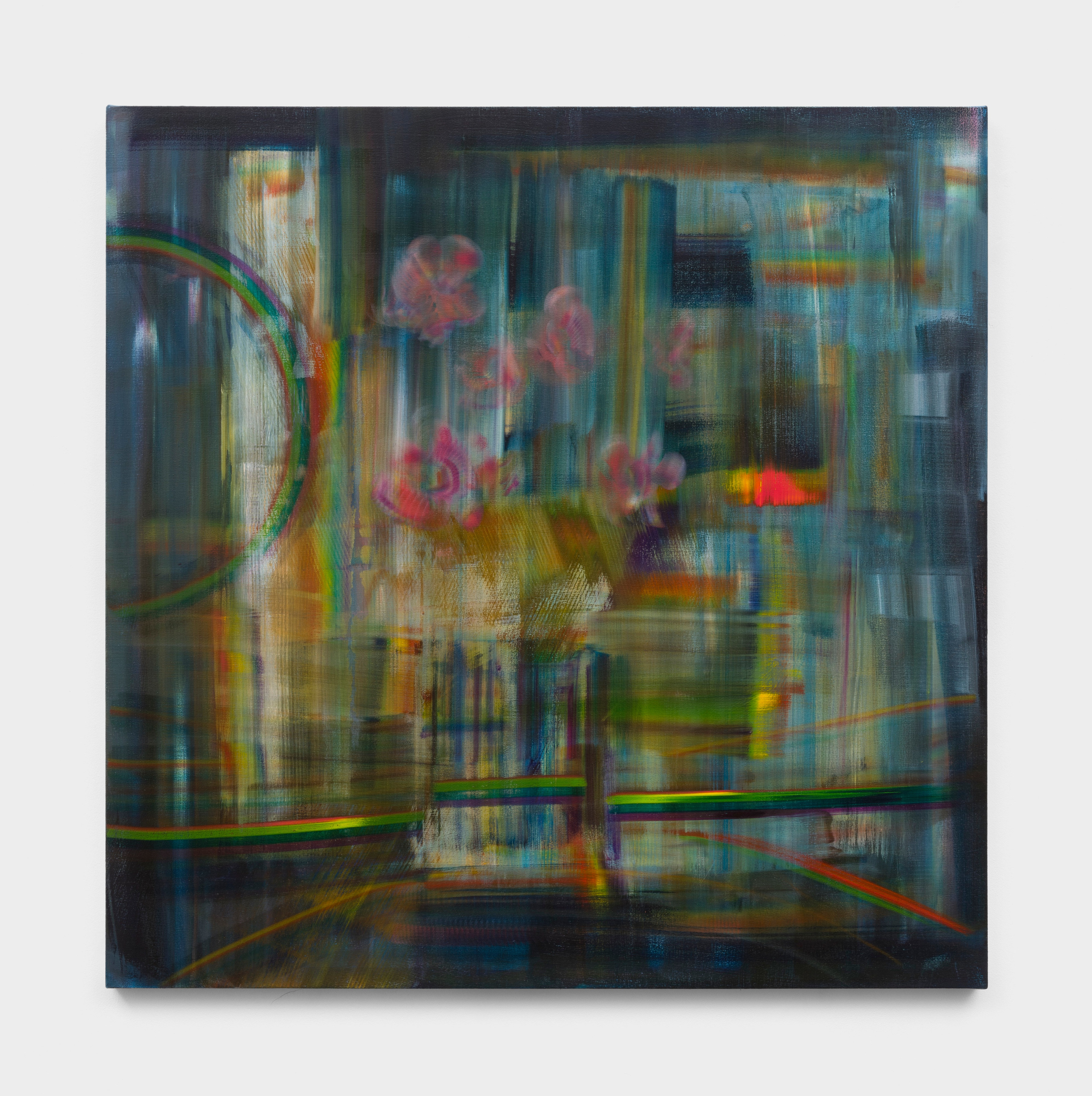 A painting in olive greens and blues with rainbow streaks of pigment with the shape of a vase and pink flowers.