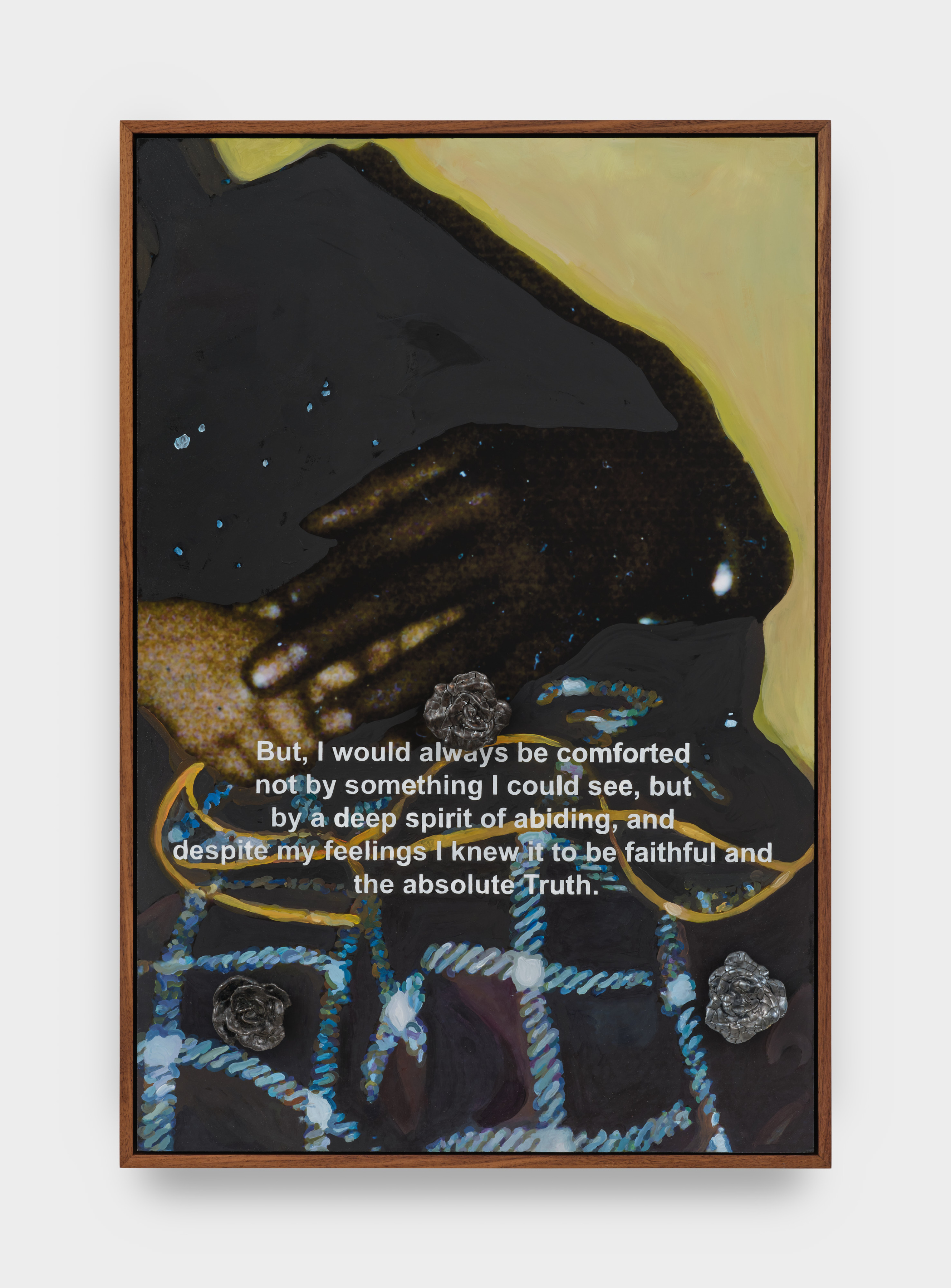 A digital printed photograph of clasped hands with painted details and a ceramic rose protruding from the picture plane.