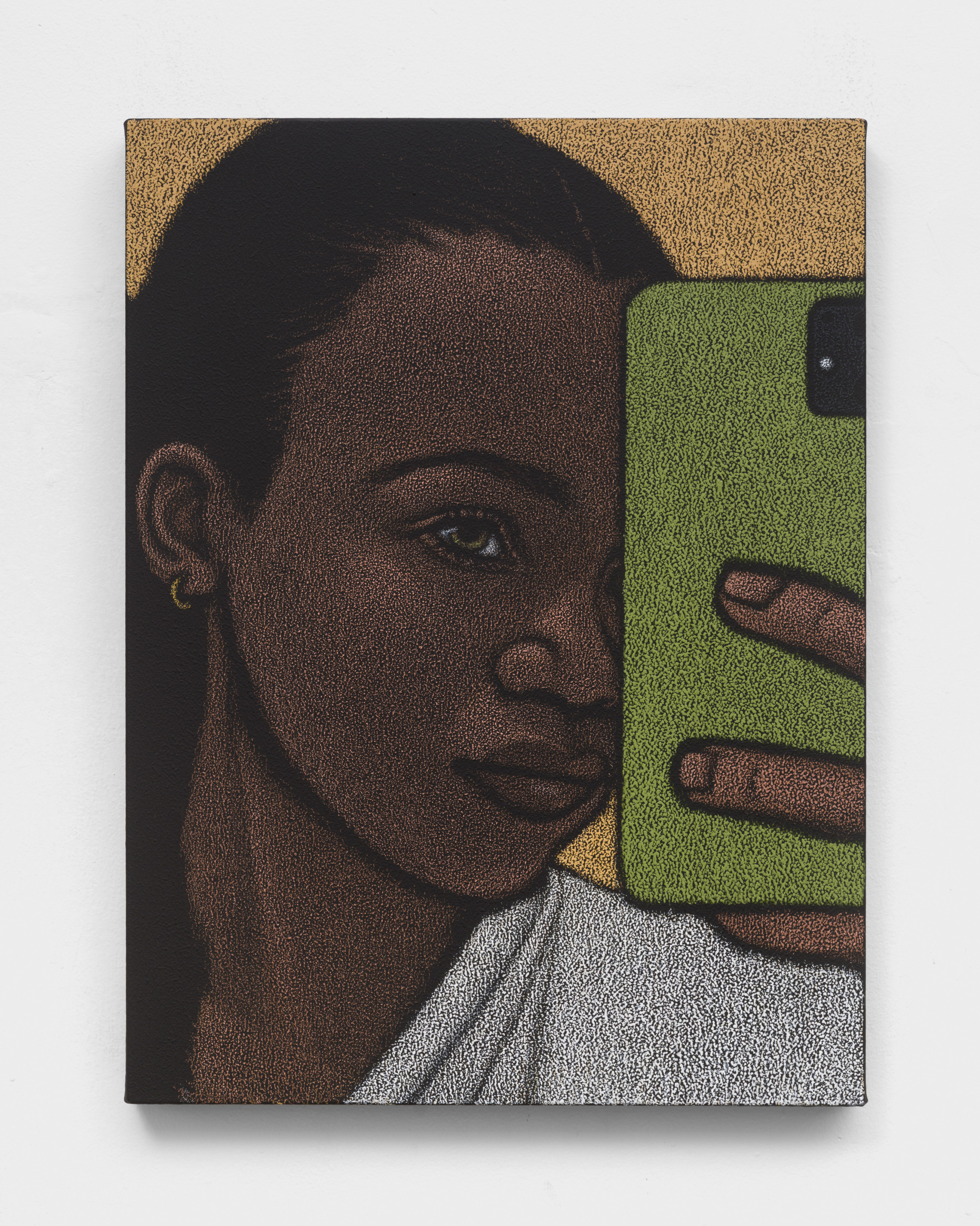 An oil pastel painting of a woman taking a selfie in the mirror with a smartphone.
