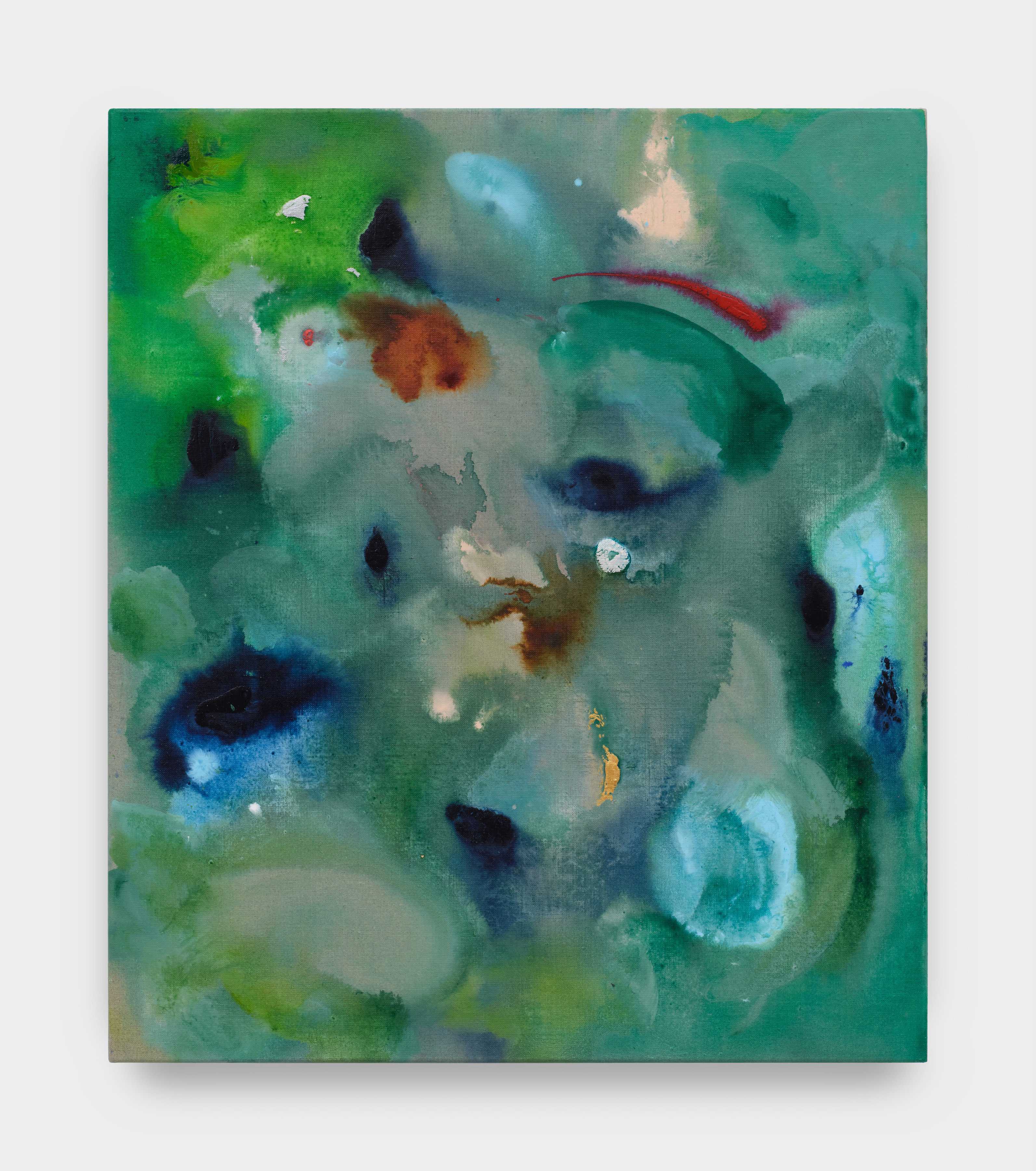 An acrylic painting on linen of various shades of blue and green projecting a soft, water-color like appearance. 